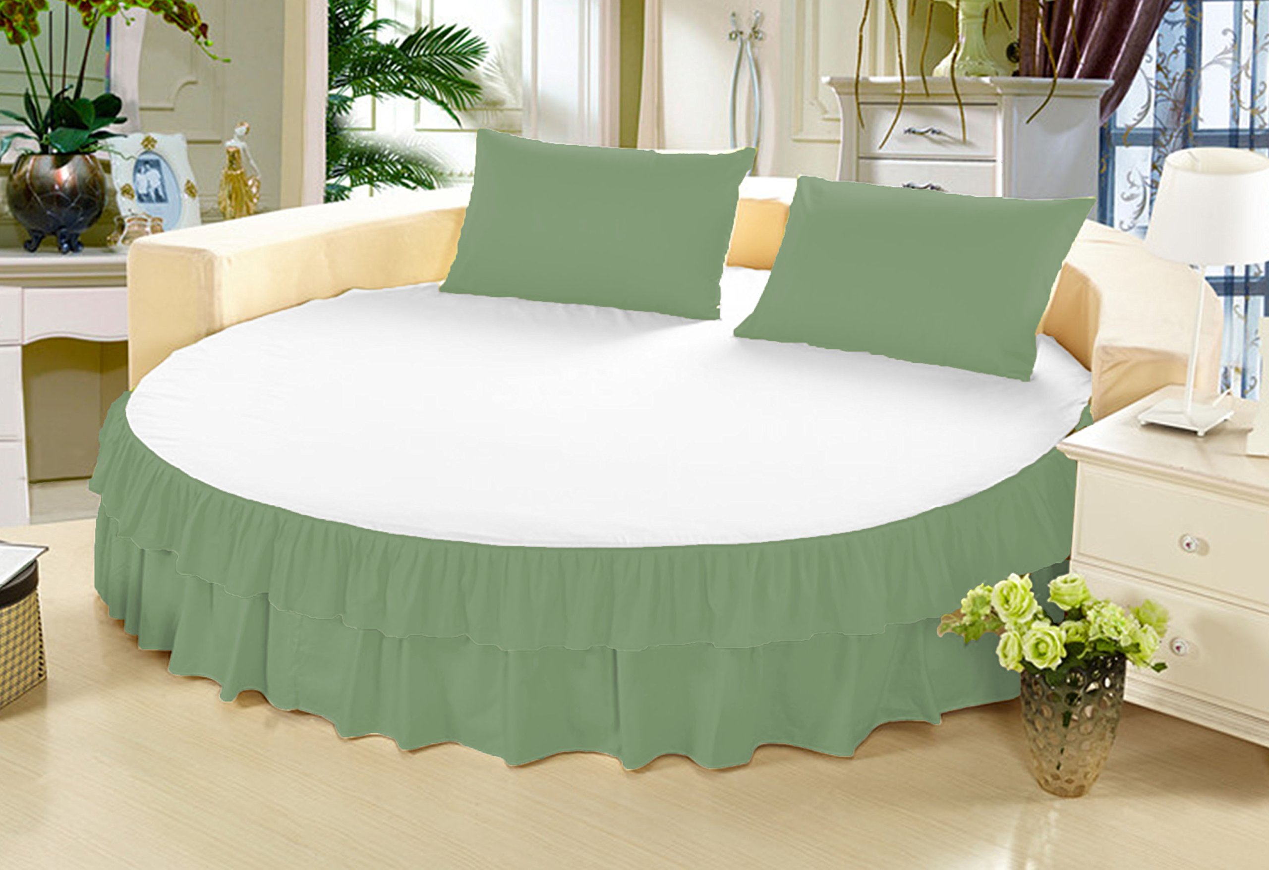 Biancheria da letto, 3 pezzi, gonna rotonda con volant, 38,1 cm, in cotone egiziano 600 TC, colore muschio, diametro 213 cm