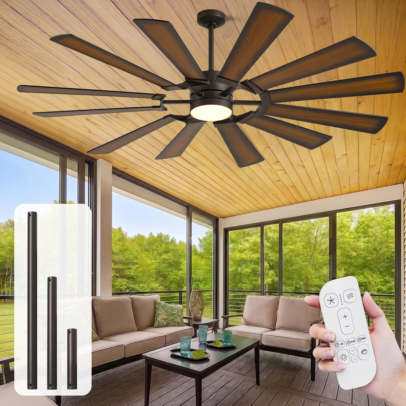 72 Inch Outdoor Wind Mill Ceiling Fan with Light, High 8095 CFM Damp Rated | for Rustic F…
