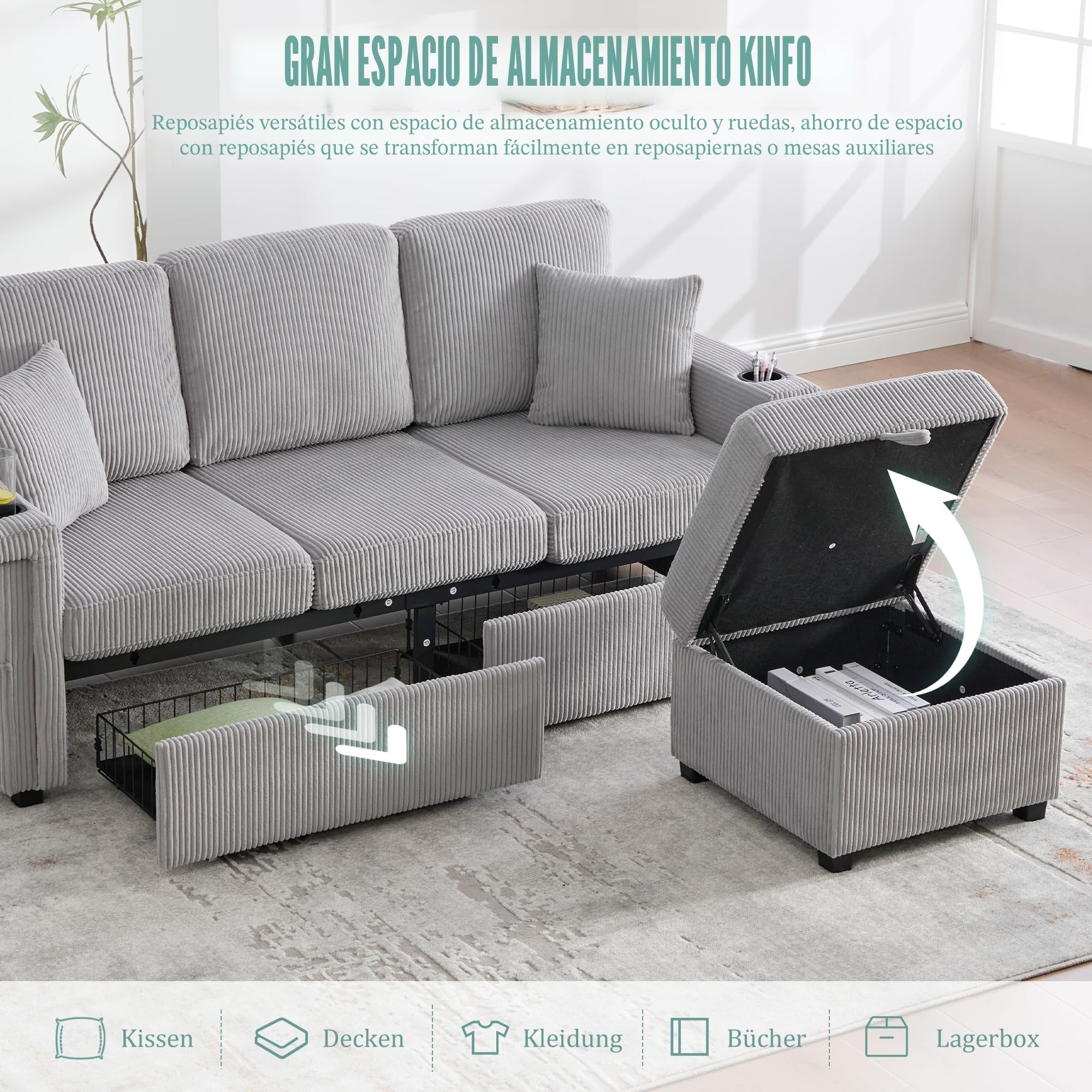 Sofá de 3 plazas, sofá en forma de L con función de dormir, iluminación LED y puerto USB-C, incluye espacio de almacenamiento, reposapiés, bolsillos laterales para salón, dormitorio, 194