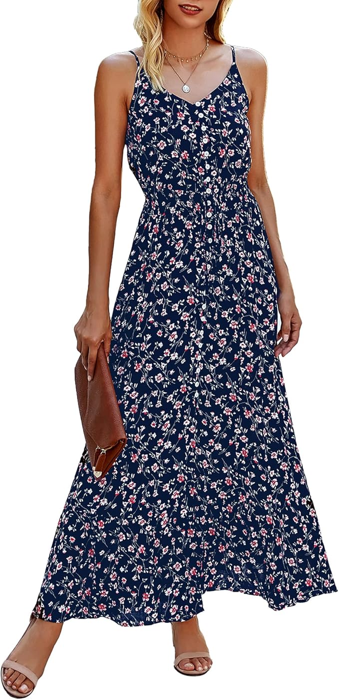 BTFBM Women 2023 Summer Spaghetti Strap V Neck Dress Polka Dot Floral Button Down Slit Sleeveless A-Line Maxi Dresses