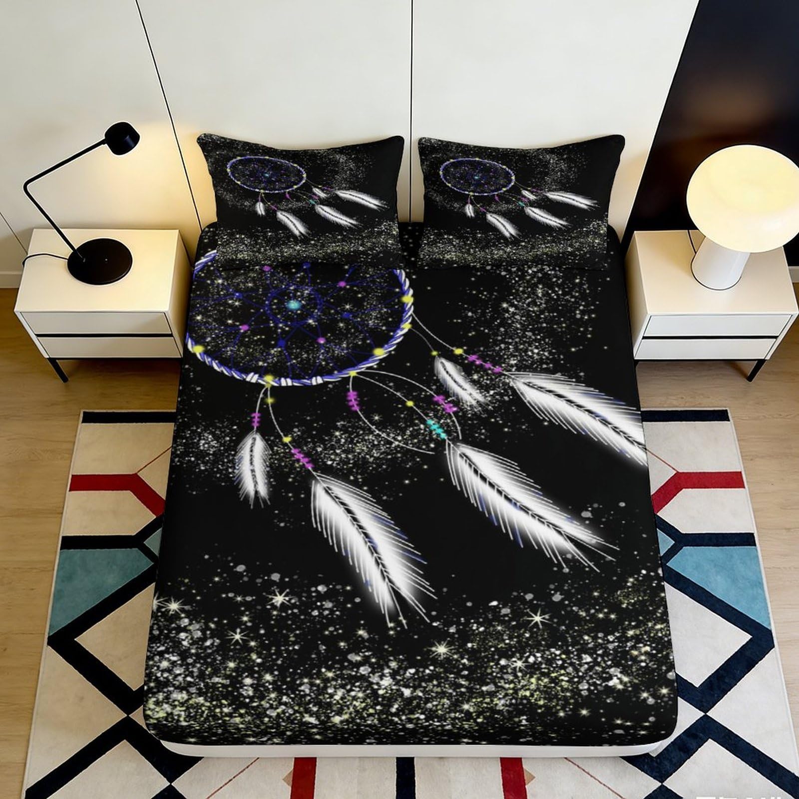 3D Printed Dreamcatcher Galaxy Fitted Sheet Microfiber Soft Black Feather Mattress Cover for Bedroom Dorm Decor 140x200x25cm