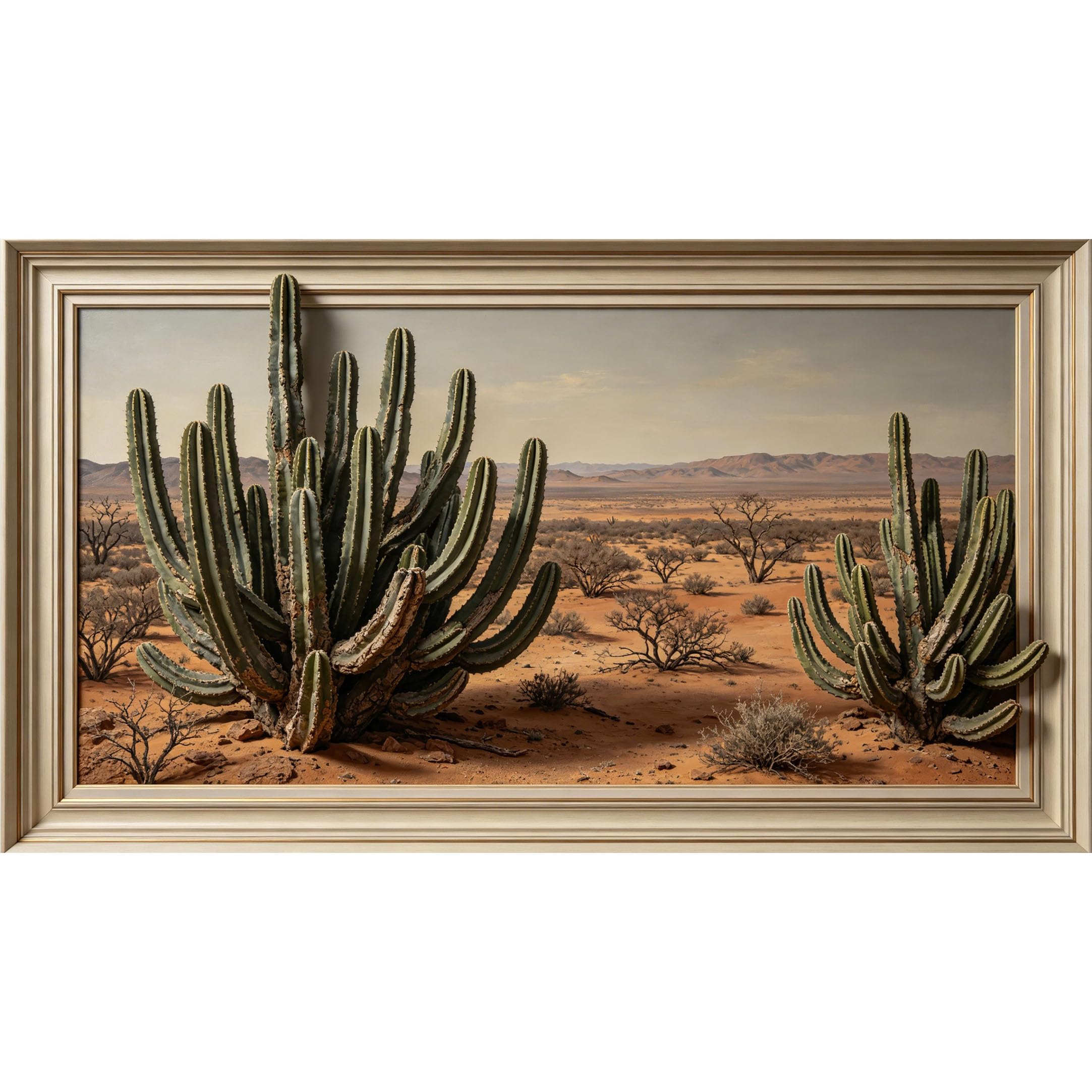 QZLITHOTIC 50×90cm3D Framed Wall Art， Desert Cactus Landscape Botanical Mural， Water?Activated Peel & Stick Fabric Decor Wall Decal for Bedroom Living Room