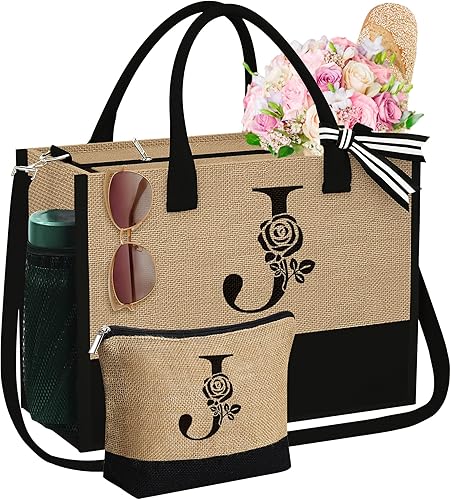 Miniatura 1 de Regalos para el día de la madre bolsa de yute inicial con cremallera, regalos de cumpleaños personalizados para mujeres, regalo de graduación para