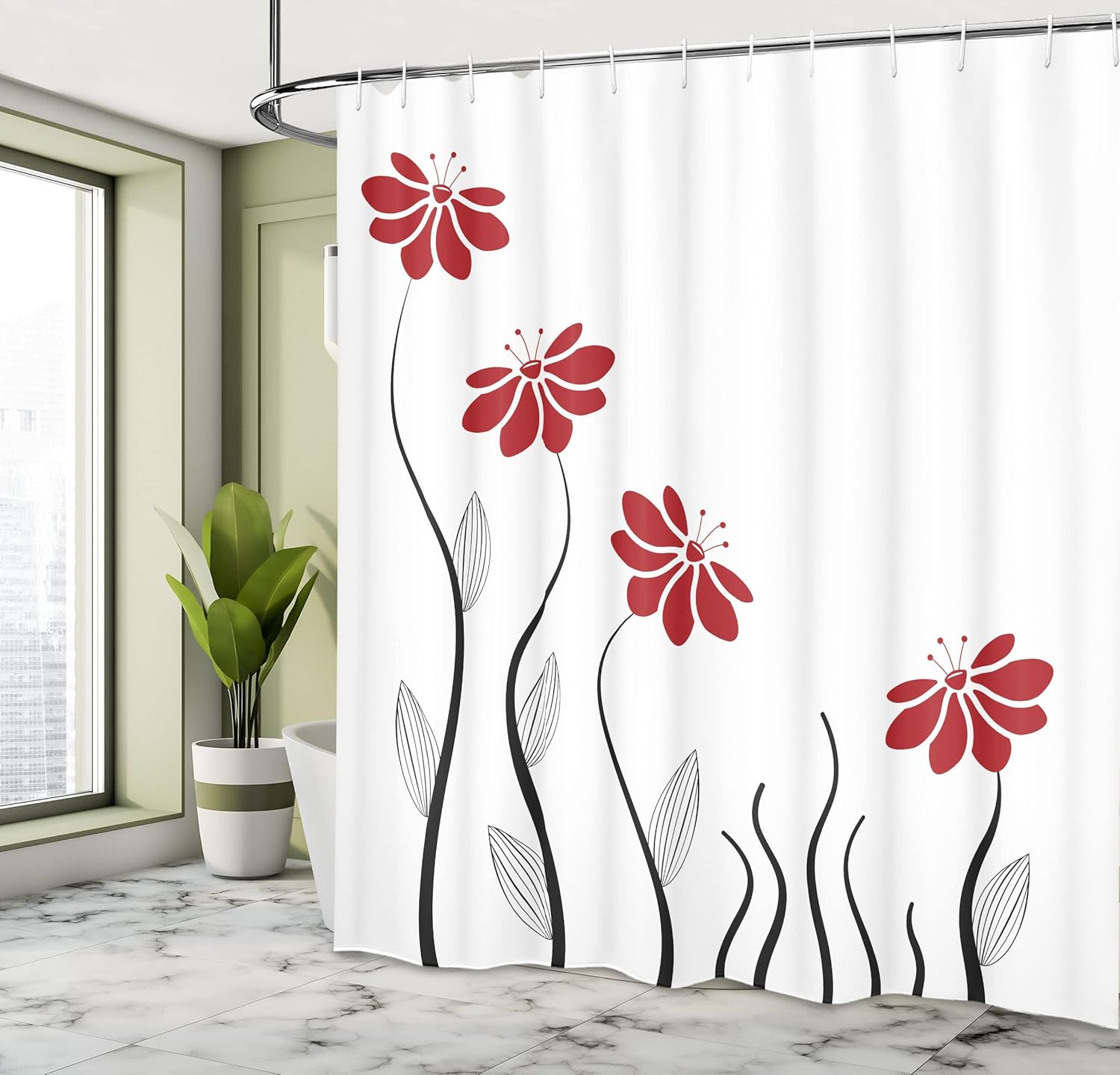 Ambesonne Flower Shower Curtain, Floral Petals with Striped Leaves and Lines Modern Style Geometrical Design Print, Cloth Fabric Bathroom Decor Set with Hooks, 69" W x 84" L, Red Black