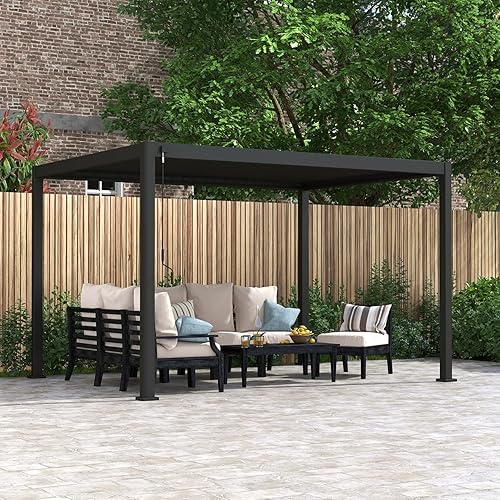 111S Round Louvered Pergola Gazebo, 10Ft x 13Ft, Full Aluminum Frame, Adjustable Roof, Outdoor, Durable, Charcoal