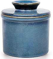 JERSINWEI French Butter Dish Crock with Water Line - Ceramic Butter Keeper for Soft Spreadable Butter, Blue Reactive Glaze Kitchen Decor Gift