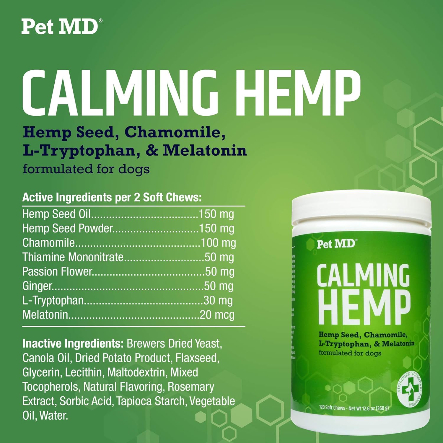 Pet MD Calming Chews for Dogs - Dog Calming Treats with Hemp & Melatonin - Calming, Anxiety Relief, & Separation Relaxant with Chamomile & L-Tryptophan - 120 CT : Pet Supplies