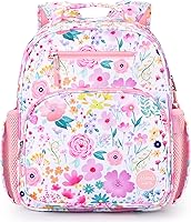 mibasies Flower Pink Kids Backpack for Girls 5-8 - Water-Resistant Kindergarten Elementary School Bag with Whistle & Breathable Back