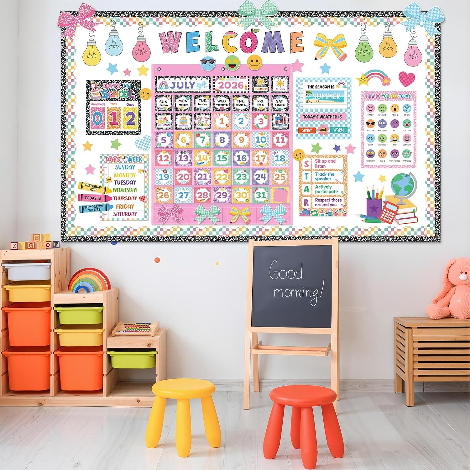 Pajean Classroom Calendar Pocket Chart Set with 233 Pcs Cool for School Cards Welcome Seasons Festival Weather Mood Pocket Chart for Classroom Decoration Back to School Homeschool Teacher Supplies