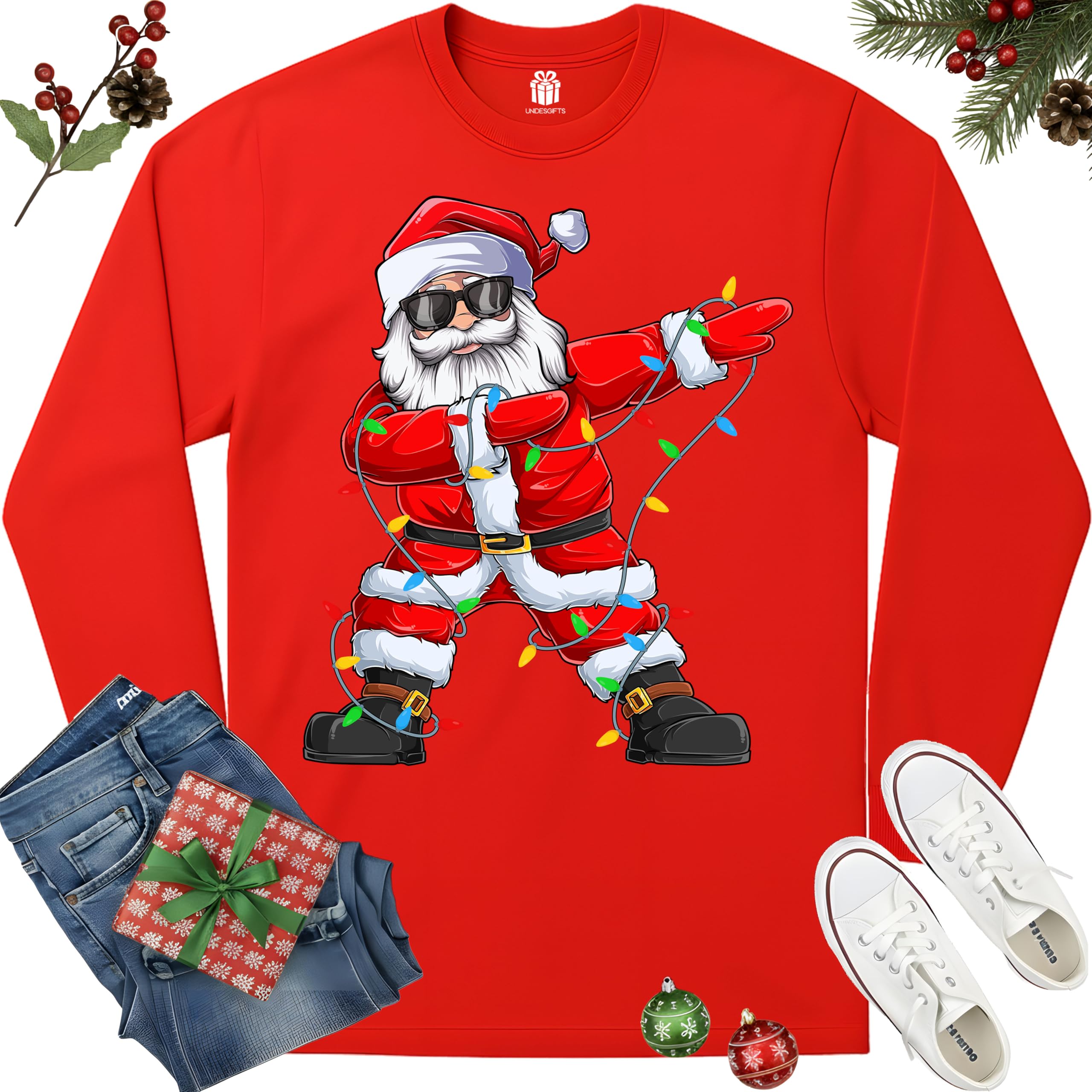 Dabbing Santa Christmas Red Lights T-Shirt for Men, Boys, Girls and Kids, Funny Dad Boyfriend Son