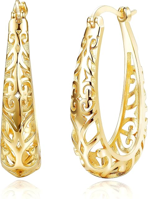 Chriscoco 925 Sterling Silver Filigree Hoop Earrings for Women Hollow Out Texture Flower Hoop Earrings Hypoallergenic Oval Click Huggie Gold Hoop Earring for Birthday Valentine's Day
