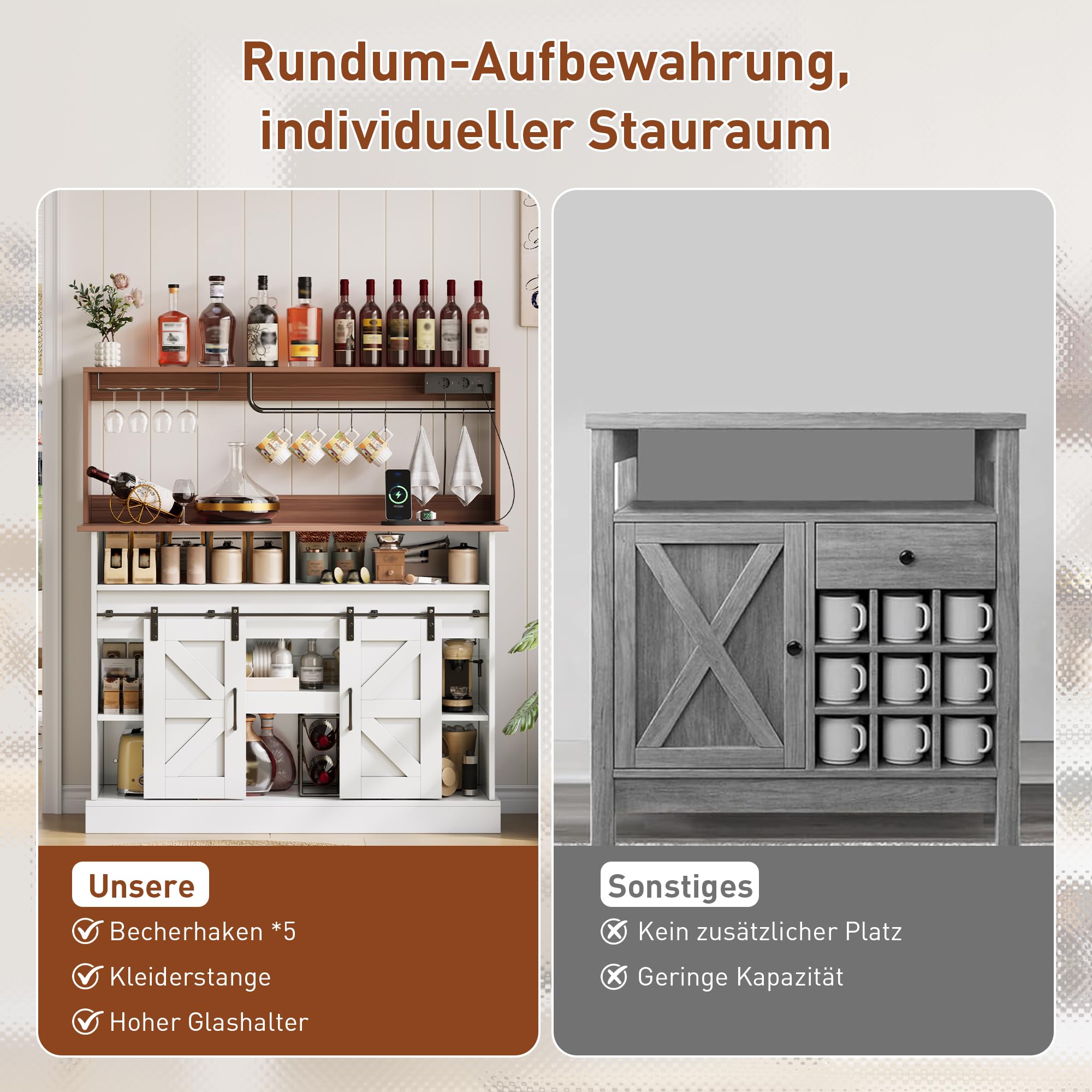 120 cm Lange Kaffeebar mit Gläserhalter und Steckdosen (2×AC, 2×USB), Sideboard mit Stauraum, Sideboard im Landhausstil für Küche/Wohnzimmer mit Schiebetüren
