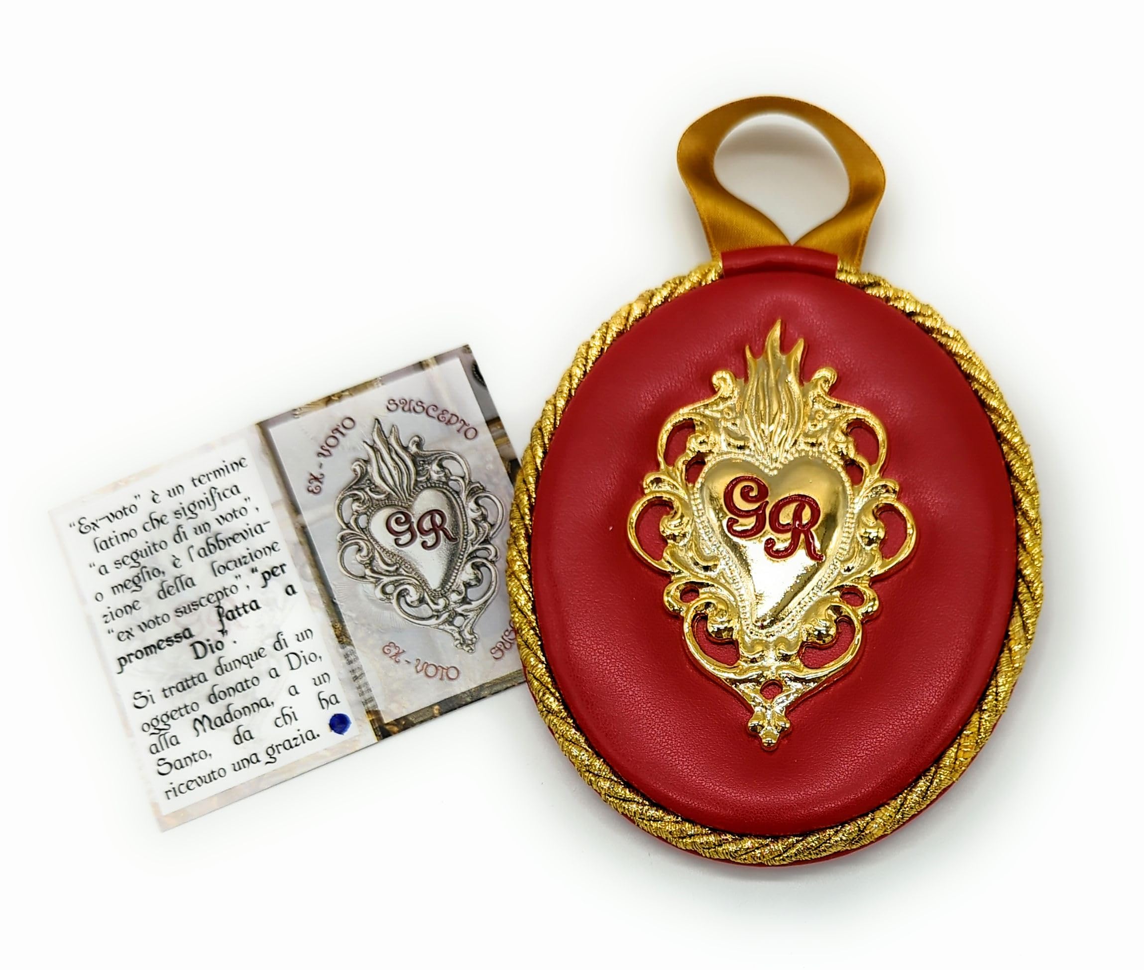 Cuore votivo rosso, Cuore Ex Voto da appendere in chiesa, cappelle, santuari, per Grazia Ricevuta, 12x10 cm, Made in Italy.