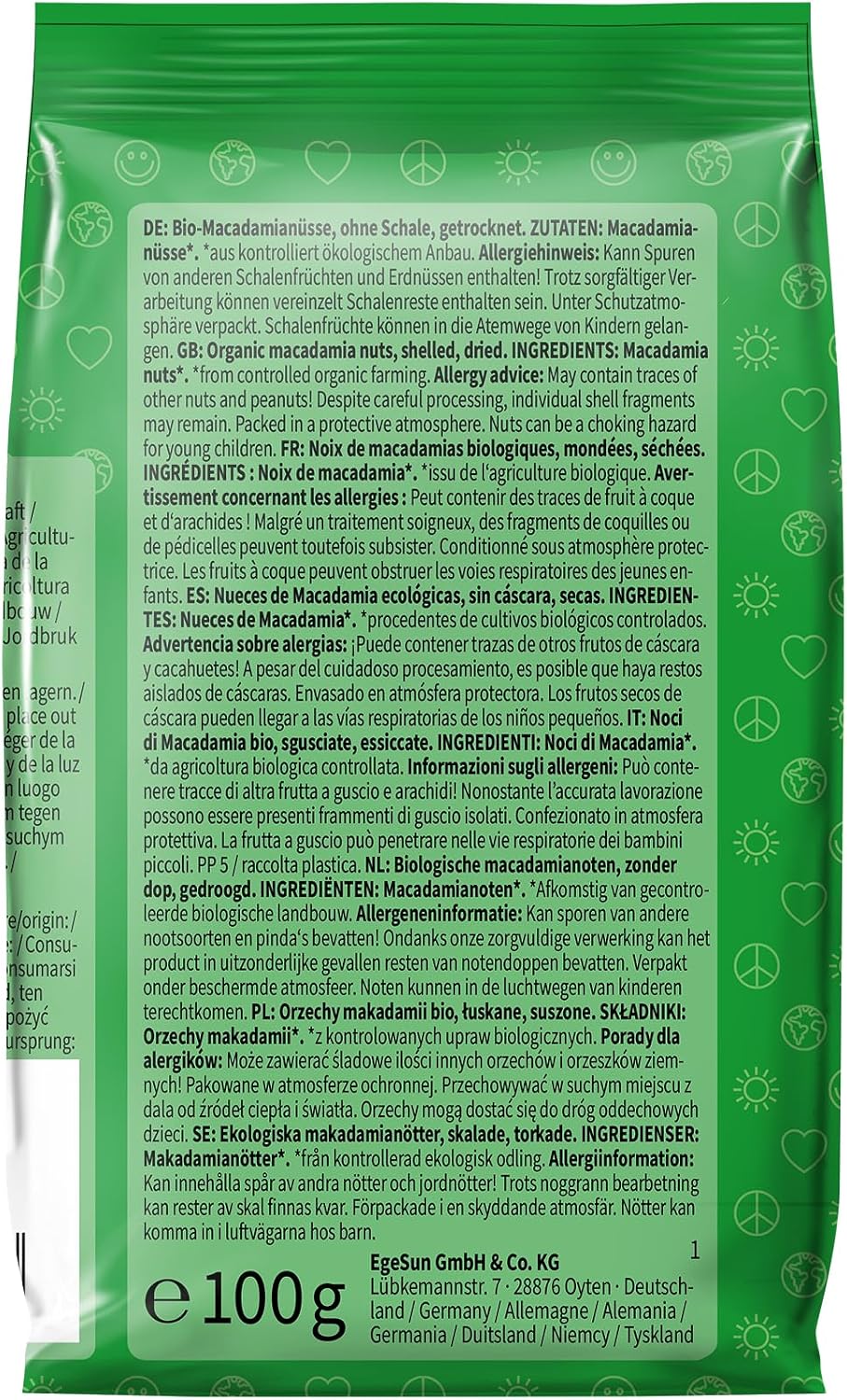 Mundo Feliz - Nueces de macadamia ecológicas crudas, 5 bolsas de 100 g - Imagen 3