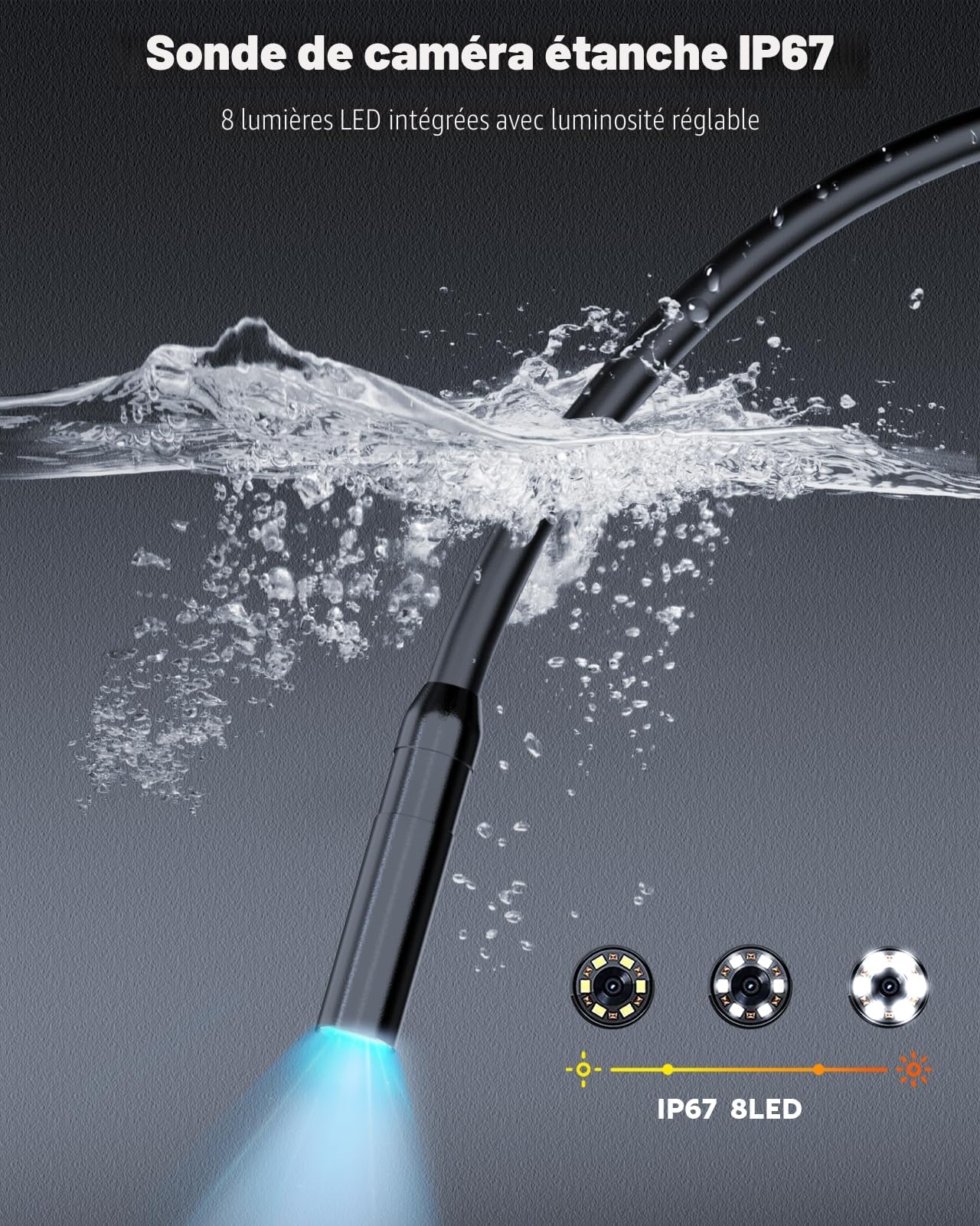 SGAINUL Caméra endoscopique industrielle avec lumière et écran IPS 4,3", caméra d'inspection, étanche, canal serpent, 8 LED réglables, 15 m
