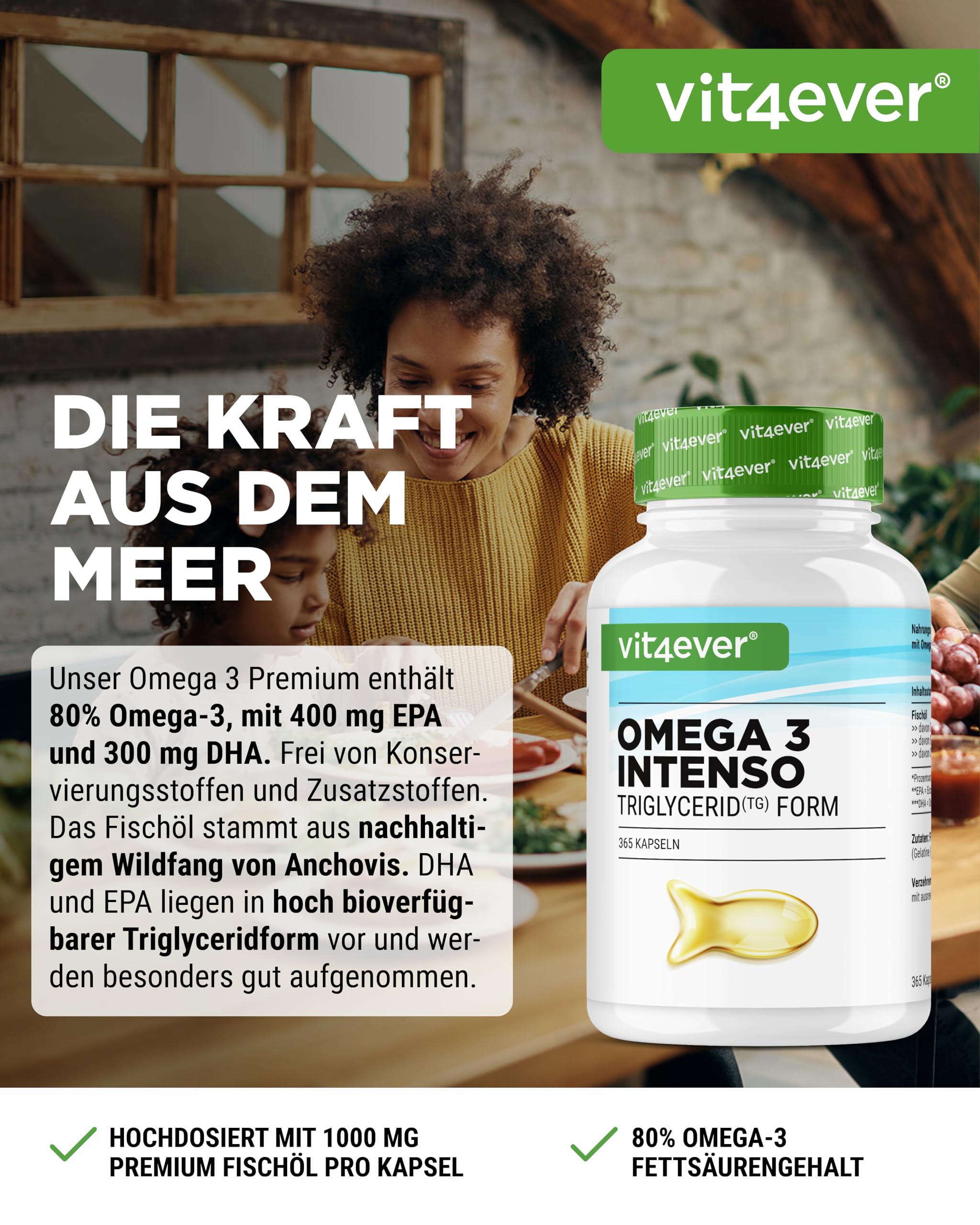 vit4ever Premium Omega 3-80% Omega-3-Fettsäuren - 365 Kapseln | 1000 mg Fischöl mit 400 mg EPA & 300 mg DHA - Triglycerid-Form - aufwendig gereinigt - nachhaltig - Laborgeprüft