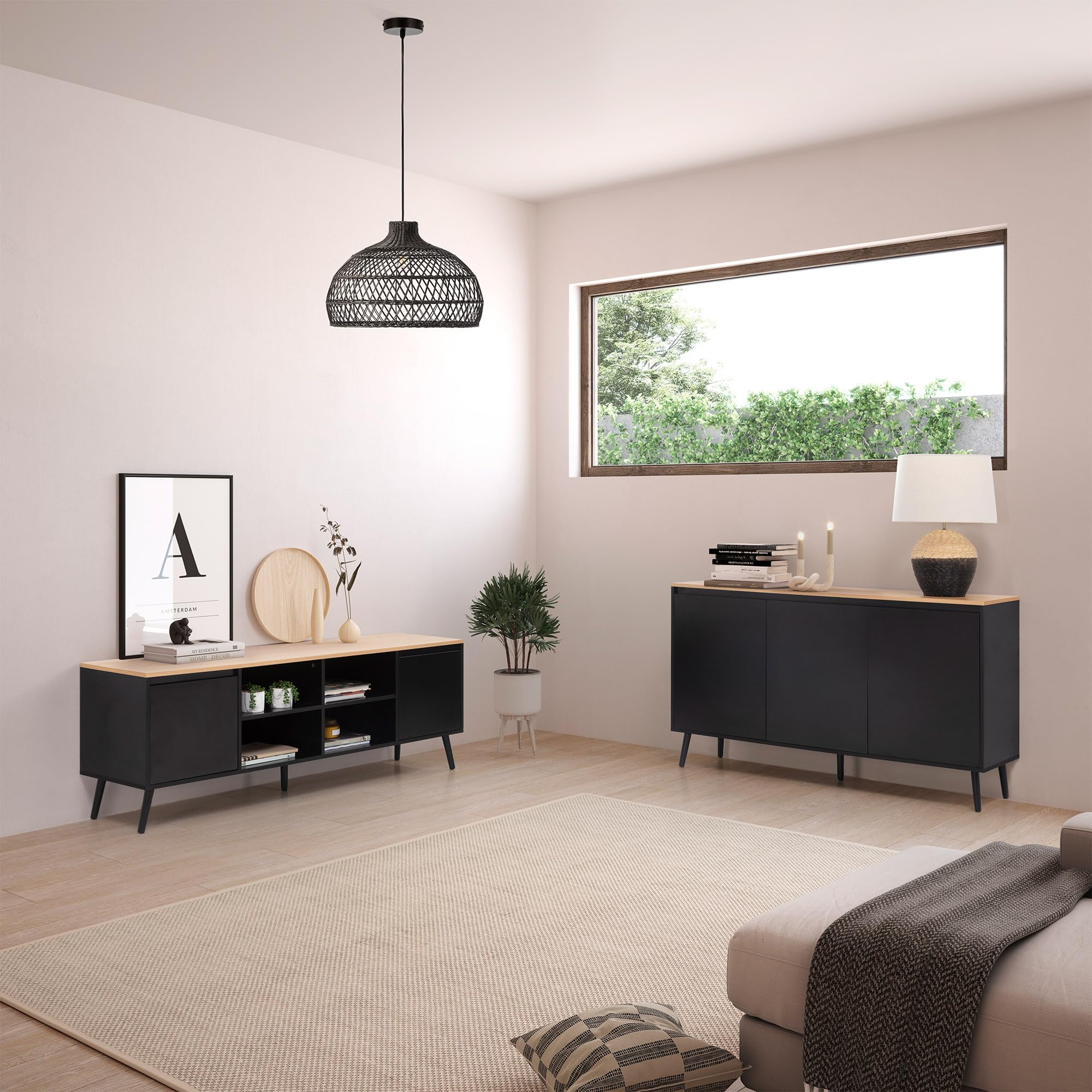 HOMN LIVING Aparador Desi 3 Puertas Color Negro, 140 cm (Ancho) 40 cm (Profundo) 80 cm (Altura)