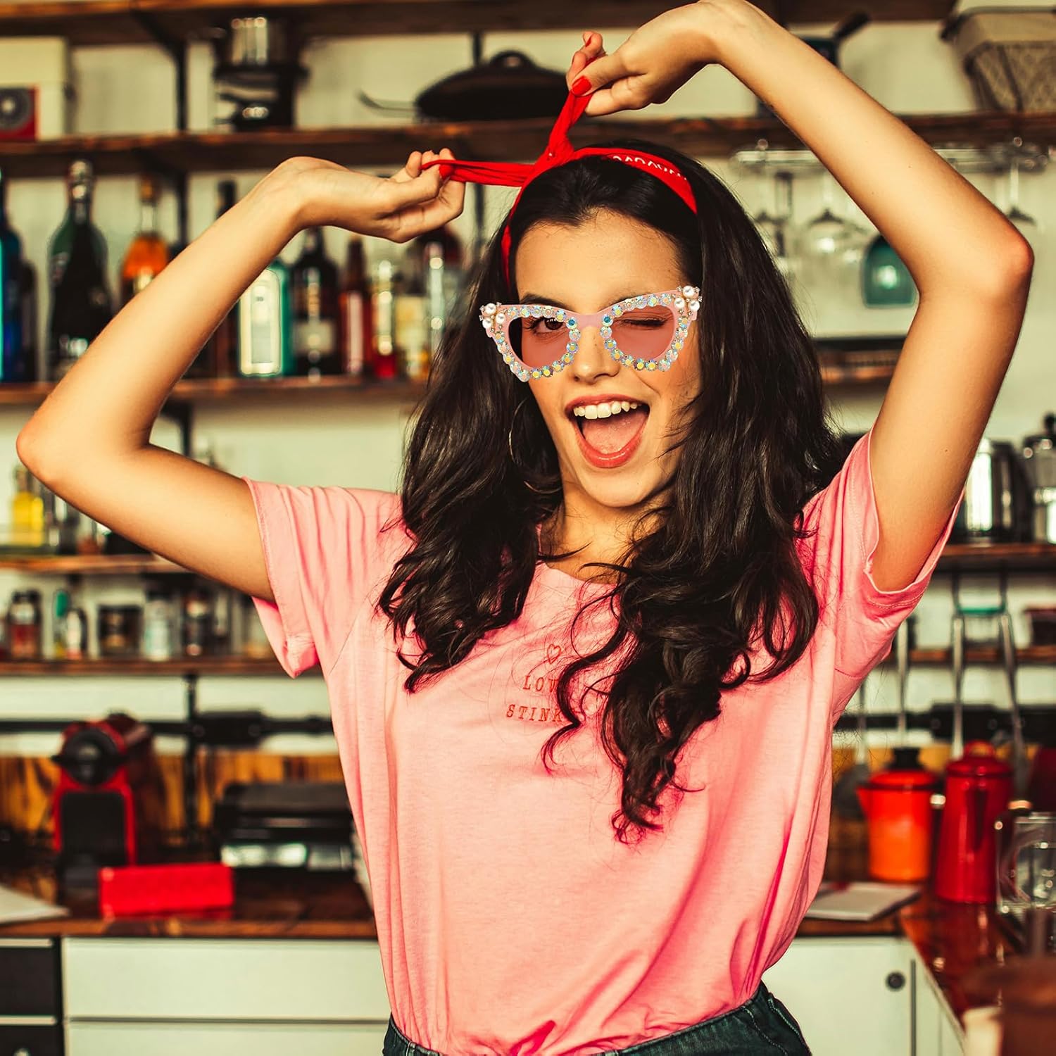 LJCZKA Sparkling Crystal Cat Eye Sunglasses Women Square Rhinestone Pearl Sun Glasses Party Diamond Bling Punk Eyewear - Image 2