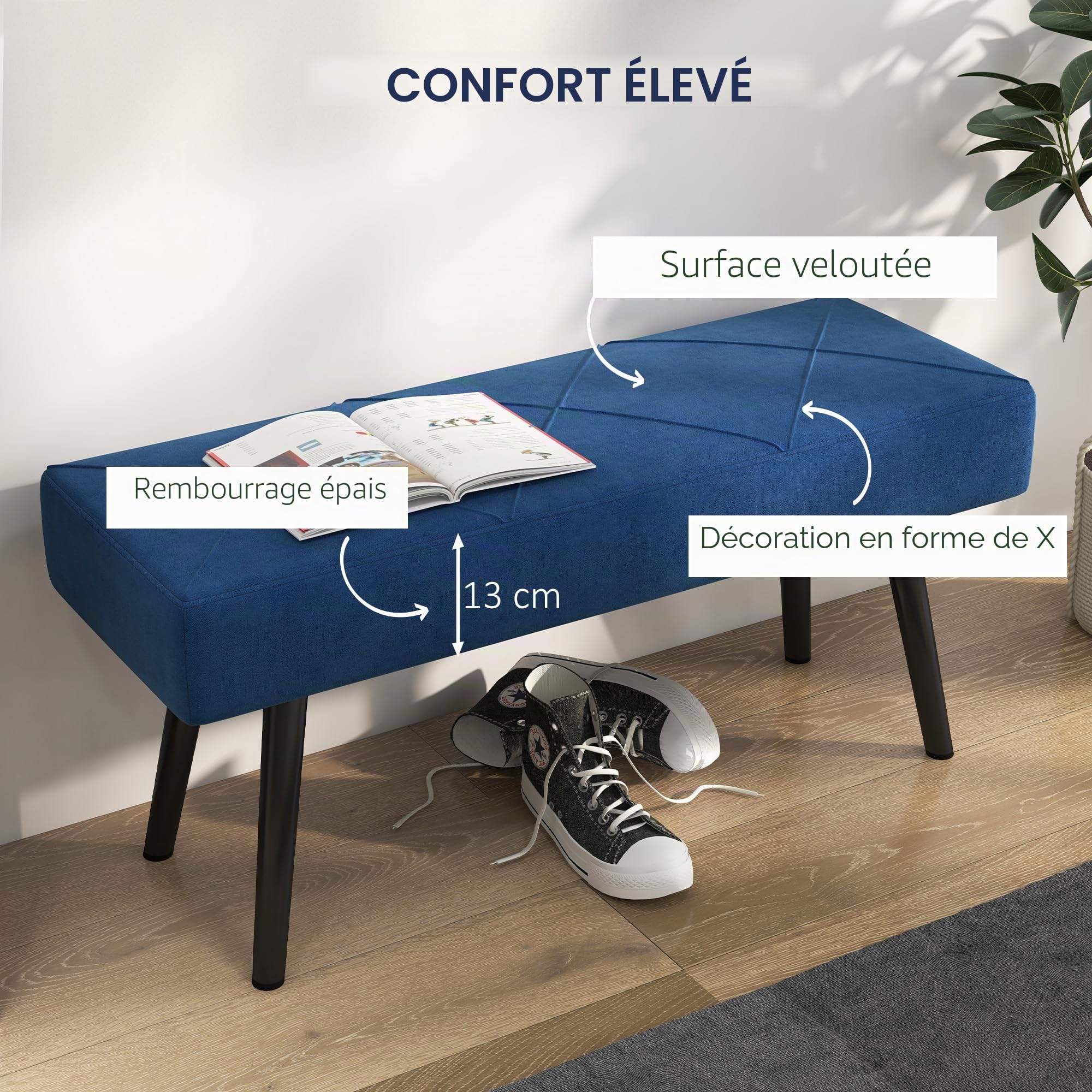 HOMCOM Banc rembourré Aspect Velours avec Motif X et Pieds en Acier pour Chambre à Coucher, Salon, Couloir 100 x 36 x 45 cm Bleu
