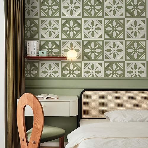 Miniatura 2 de Ismoon Papel tapiz geométrico para despegar y pegar, color verde, moderno, a cuadros, geométrico, papel de contacto bohemio, autoadhesivo,