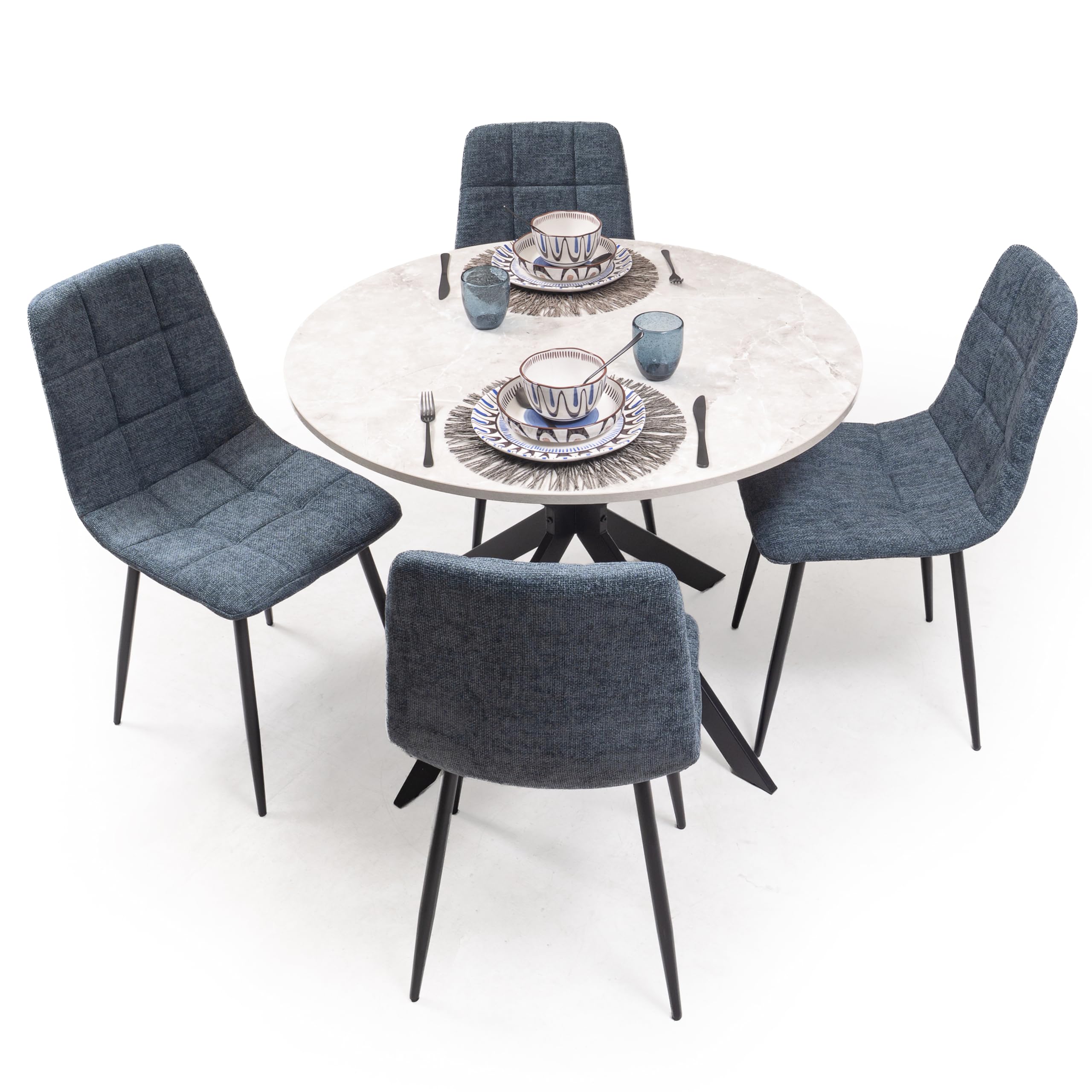 Homely® | Pack Comedor Moderno Core con Mesa Redonda 100 cm. Tapa de 1 Pieza Cemento | 4 Sillas Tapizadas Acolchadas C/Azul Cobalto | Conjunto Mesa Comedor Estilo Nórdico Industrial | Cocina y Salón