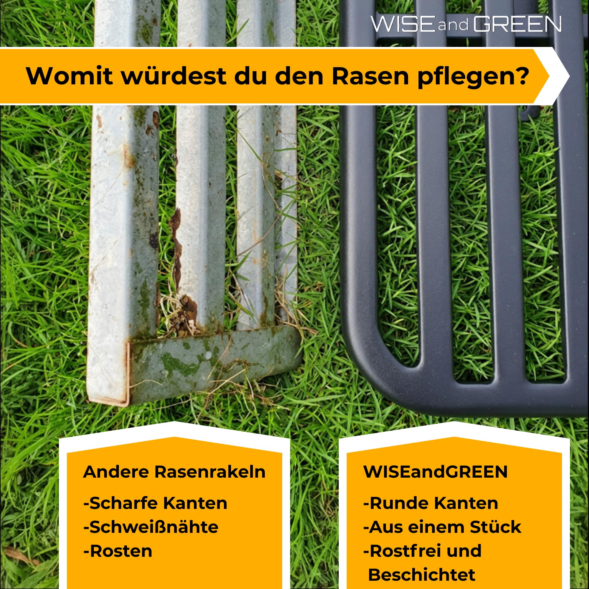 Rasenrakel für Ebenen Rasen | WISEandGREEN 80x30cm | Edelstahl | Kein Verhaken · Abgerundete Ecken · Holzstiel · Nivellierrechen