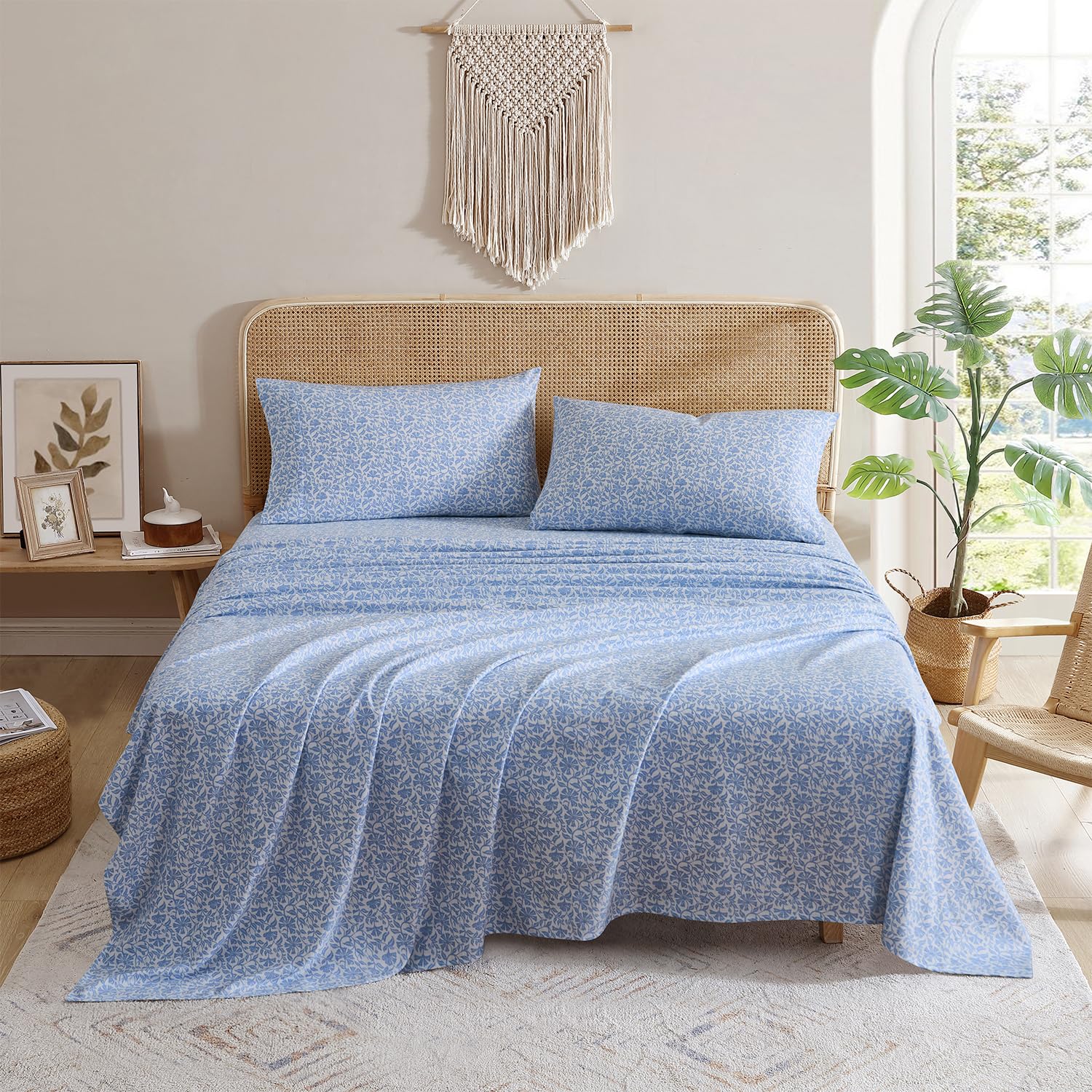 Indigo Ink - Twin Bed Sheets Cotton Flannel Bedding with Matching Pillowcase Ultra-Soft Floral Bed Set Medium-Weight for