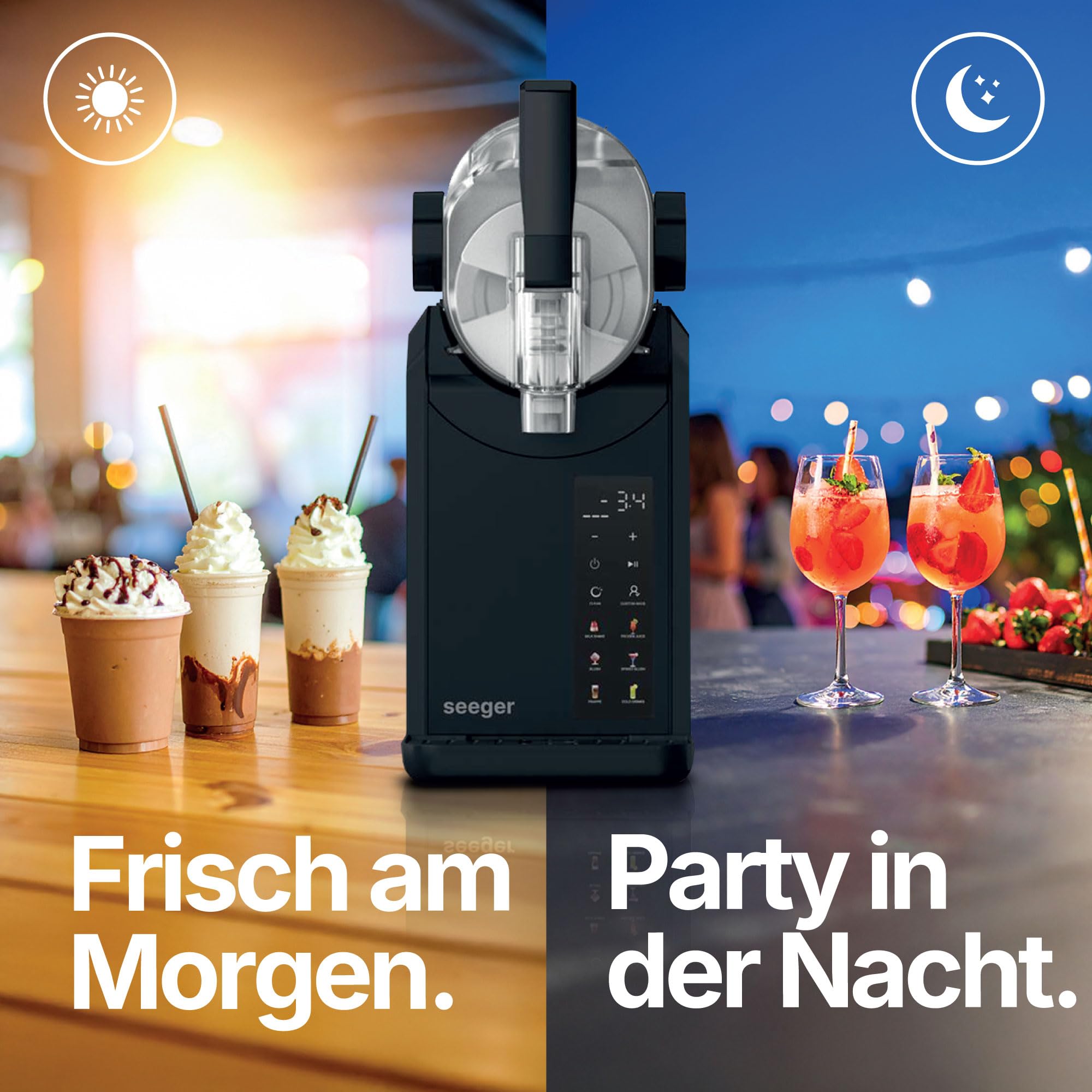 Seeger SuperSlush, 2L 7-in-1 Slush Maschine für zu Hause, 7 Smarten Programma, Automatische Reinigung und InstantFreeze 15 min Technologie, Slushi, Eis-Cocktails, Frappé, Milchshakes, Schwarz