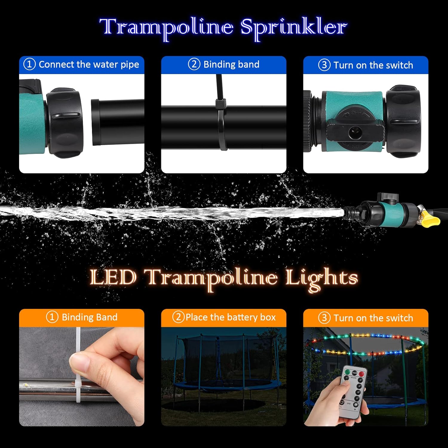 Trampoline Sprinkler with 39. 4ft LED Lights 39 ft Long Outdoor Trampoline Water Sprinkler with Remote Control Rim LED Light for Outdoor Games Yard(Water Whirl)