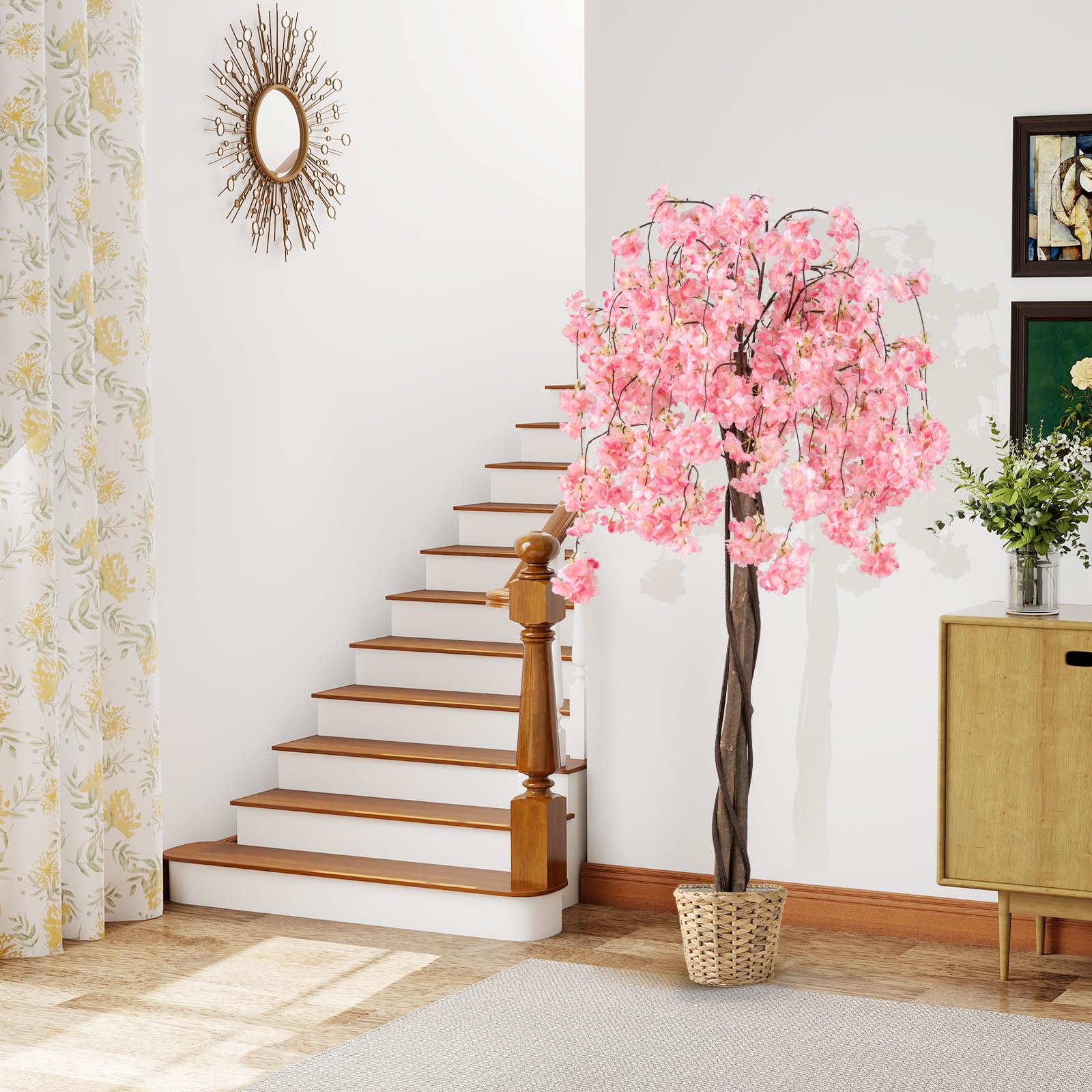 COSTWAY Cerisier Artificiel 163 CM avec Fleurs Roses et Blanches (Rose)