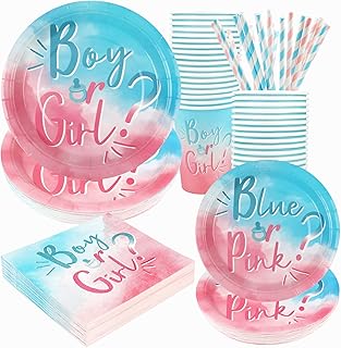 Gender Reveal Plates and Napkins Decorations, Disposable Boy or Girl Paper Tableware Party Supplies for 24 Guests, 120 Pcs Baby Gender Reveal Idea Decor with 9” and 7” Plates Napkins Cups and Straws