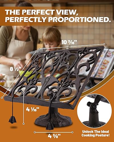Miniatura 5 de GARADMATE - Soporte para libros de cocina, de hierro fundido resistente, estilo vintage, ajustable, para encimera de cocina, tableta rústica y