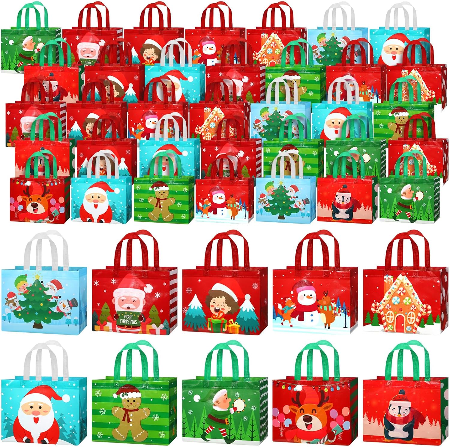 Abbylike 100 Pack Large Christmas Gift Bags Bulk Reusable Christmas Tote Bags with Handles Non Woven Shopping Baskets for Xmas Party Supplies, 12.8 x 9.8 x 6.7 Inch Cute