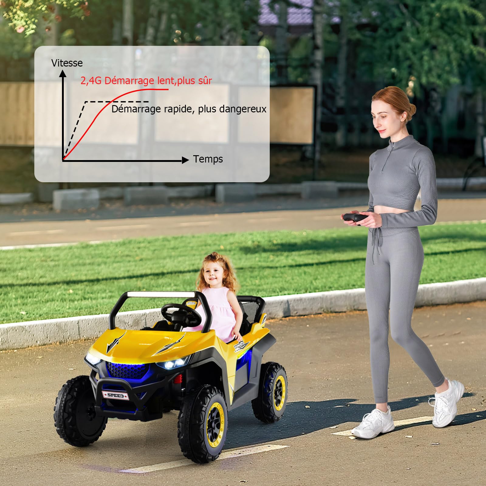 DREAMADE Voiture Électrique 12V pour Enfant, 2 Modes de Conduite, avec Télécommande Effets Sonores Lumineux, Véhicule Tout Terrain avec 2 Sièges pour Enfant 3-8 Ans, Charge 59kg, 118x74x71cm (Jaune)