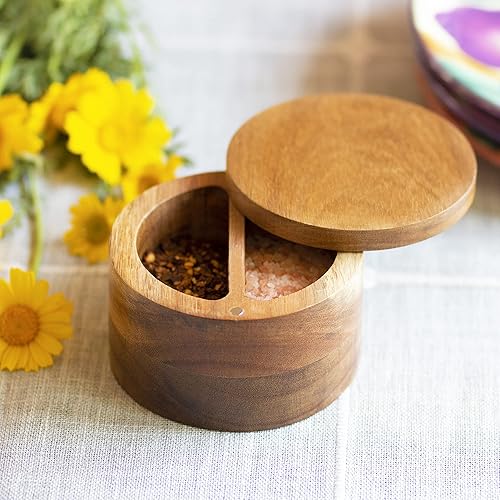 Miniatura 2 de Totally Bamboo Rock & Branch Acacia Duet - Cuenco para sal y pimienta, salero y caja de almacenamiento con dos compartimentos, tapa giratoria