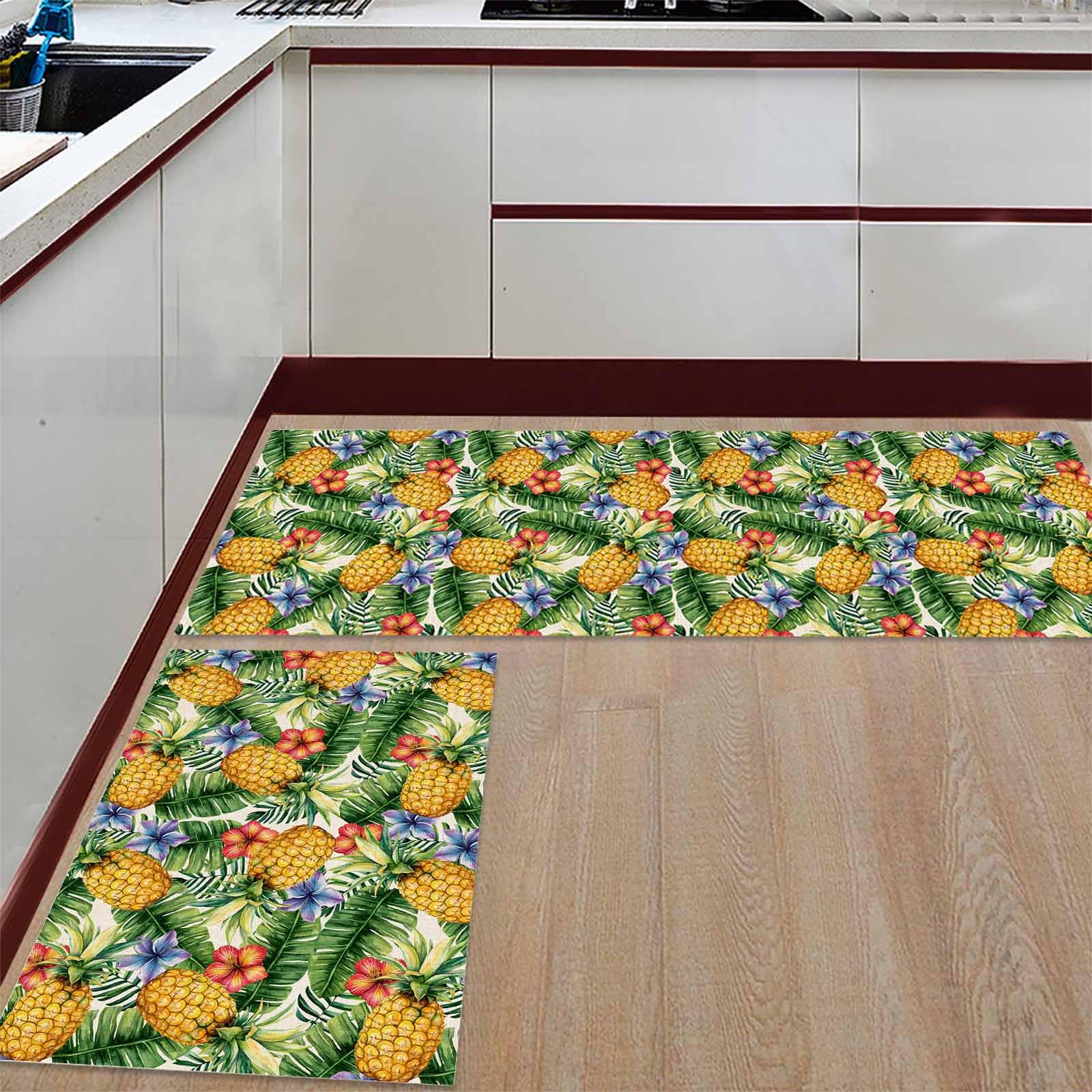 2 Pieces Kitchen Rugs and Mats,Seamless Pineapple Flower Leaf Area Runner Rug Set Non Slip Floor Doormat Washable Carpet Standing Mat for Kitchen Sink Indoor Corridor,Summer Tropical Fruit Plant