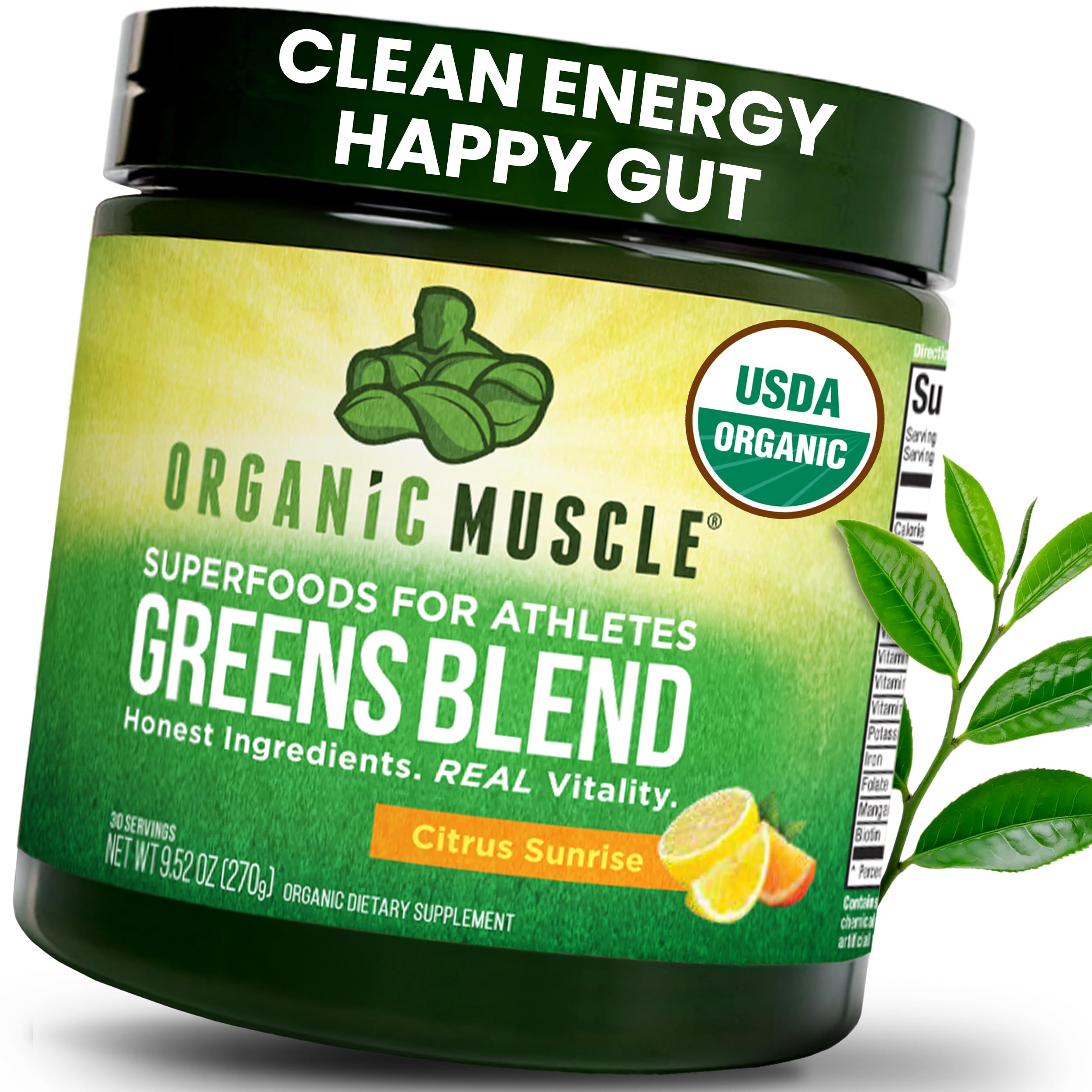 Organic Muscle Super Greens Powder Organic Superfood Powder with Probiotics, Spirulina, Chlorella, and Matcha| Non-GMO, 30 Servings