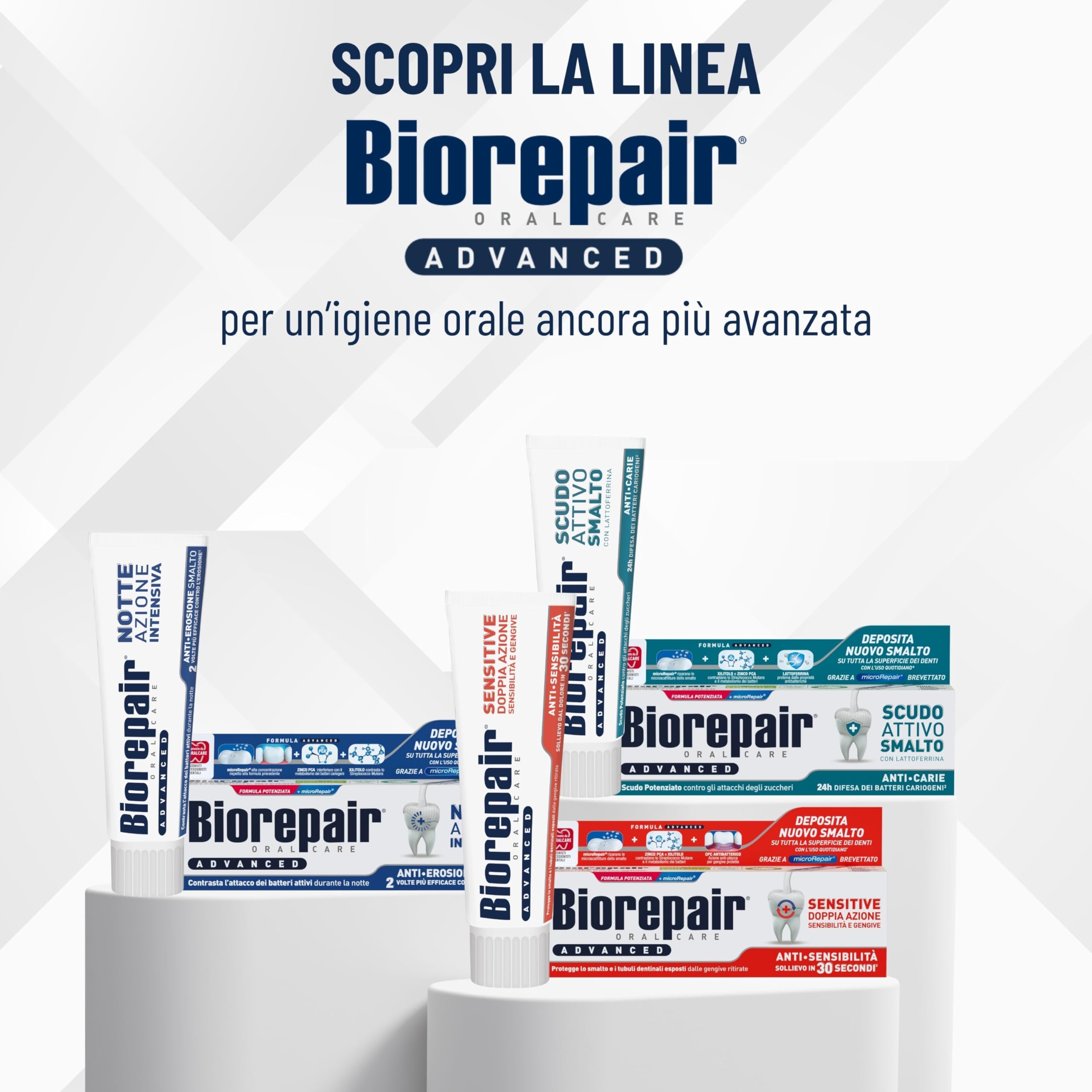 Biorepair, Dentifricio Advanced Scudo Attivo Smalto, Anti-Carie, Con MicroRepair, Lattoferrina e Zinco PCA, Senza Fluoro, 12x75ml