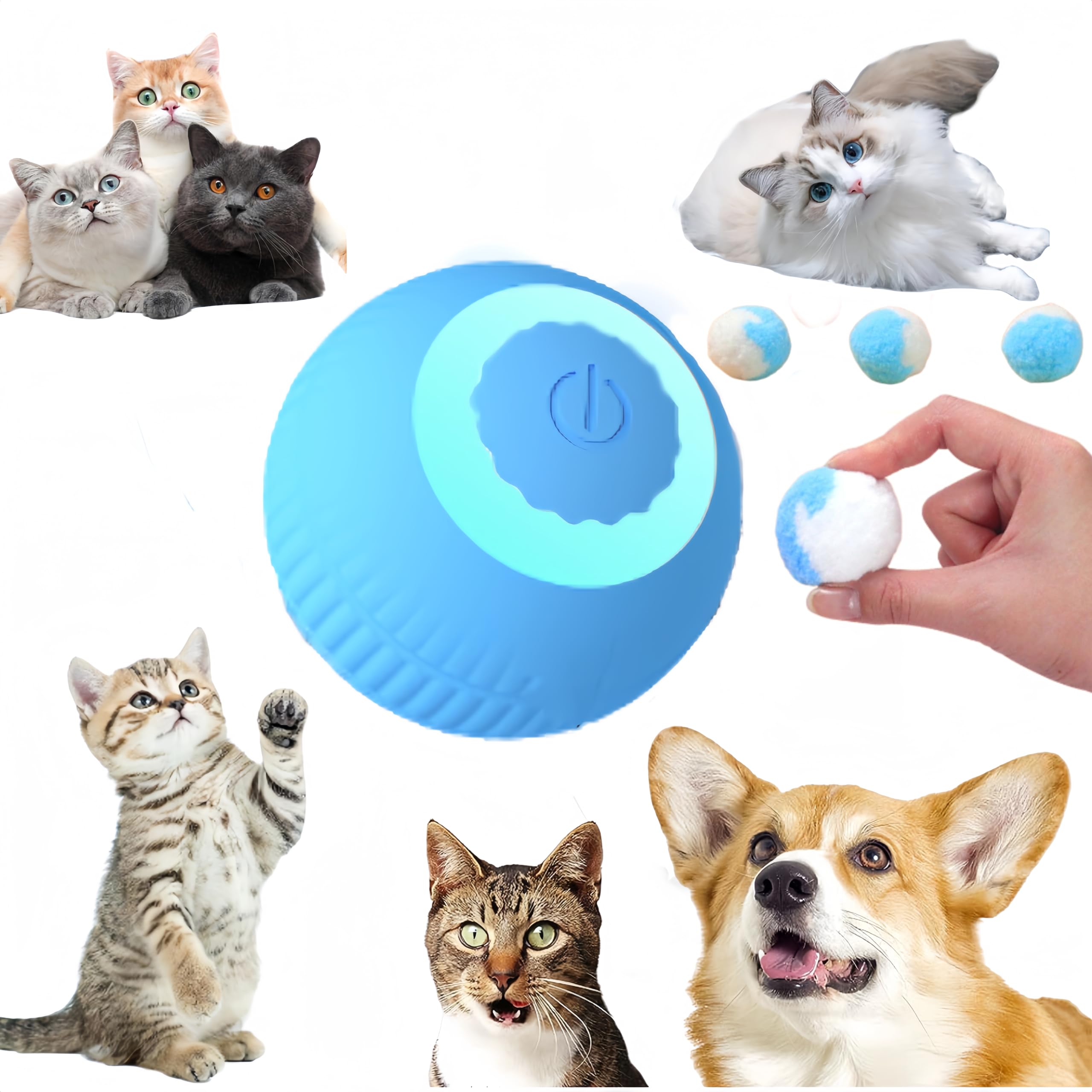 SVIEILLES Interactive Cat Toy Automatic Moving Smart Fuzzy Balls - for Bored Indoor Adult Cats Interactive Motion Activated Cat Toy Balls 4pcs (Blue)