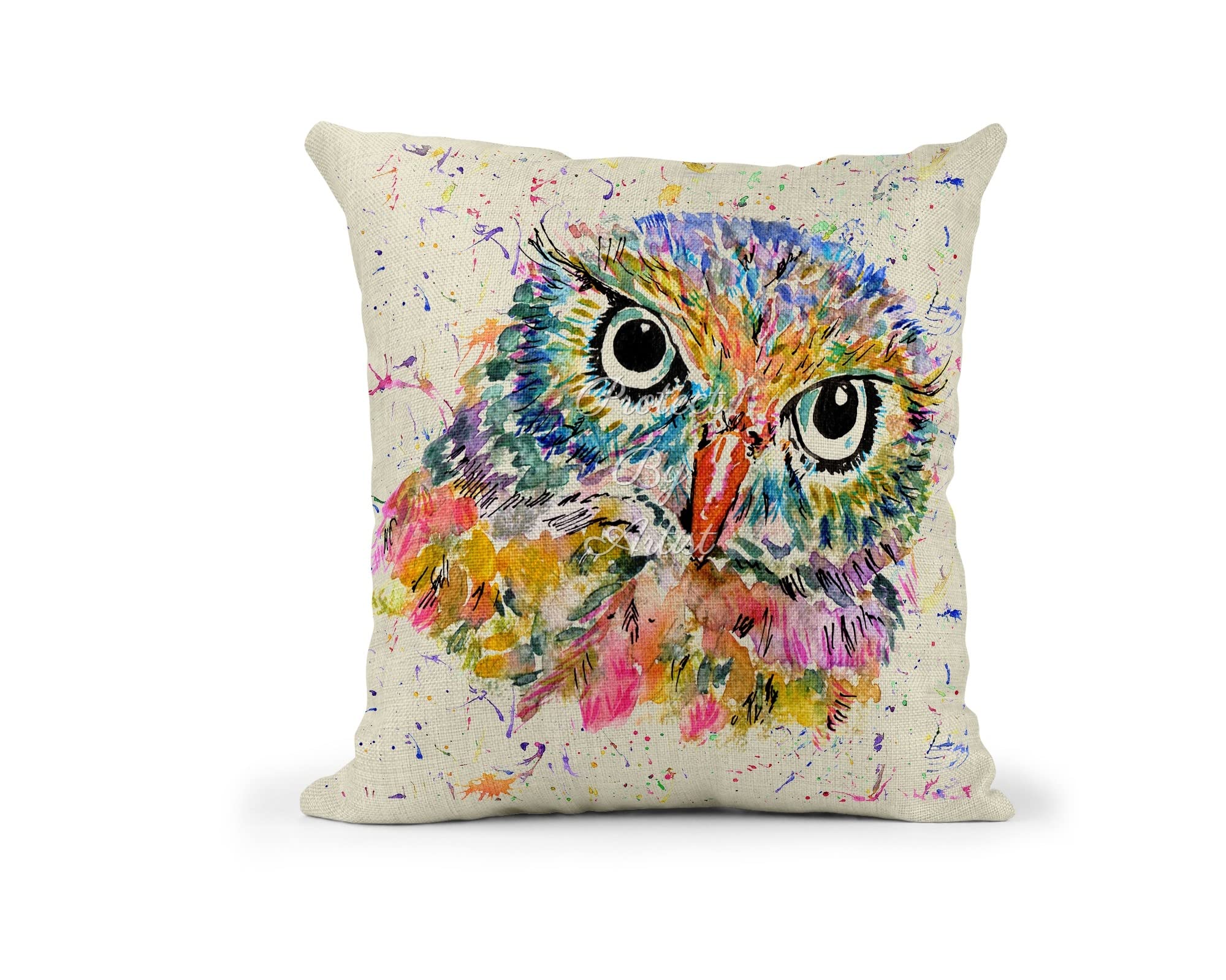 Vixar Owl Watercolour Rainbow Art Linnen Cushion With filling or cover only, 40x40cm, gift, christmas, Birthday (With Insert)