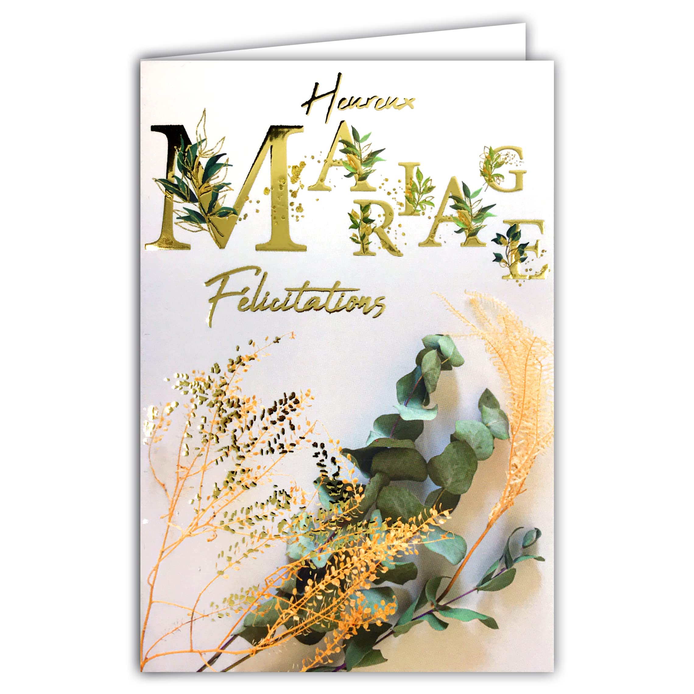 Afie 63-1150 Happy Wedding Card in Shiny Gold with Envelope - Made in France - Bohemian Chic Dried Flowers Eucalyptus Gramine