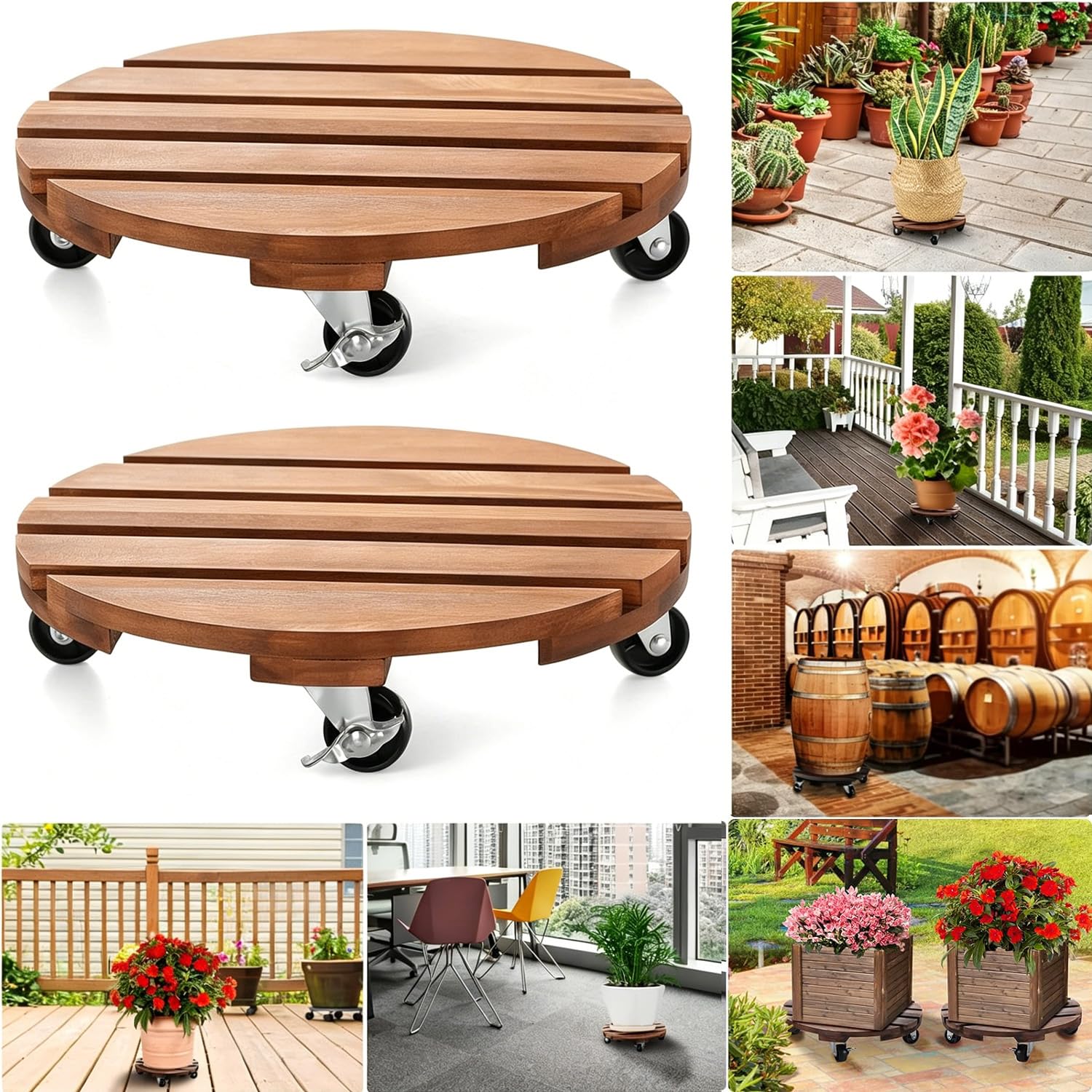 Lot de 2 roulettes robustes en bois avec roulettes verrouillables en métal - 30 cm