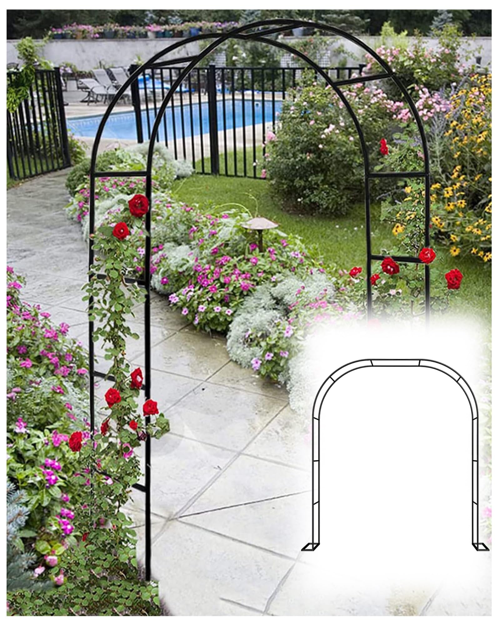Metalowa kratka ogrodowa do roślin pnących, 19 mm, łuk wewnętrzny/zewnętrzny, DIY, wsparcie roślin na wesela i ceremonie, 2 m x 2,3 m, czarna, idealna do dekoracji ogrodu