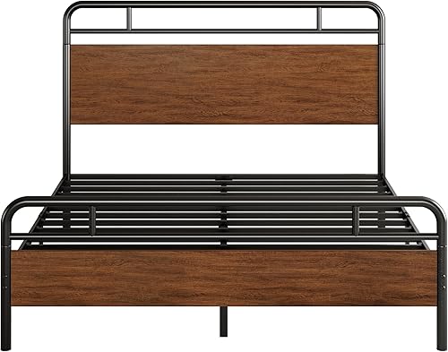 Miniatura 9 de SHA CERLIN Base de cama tamaño Queen con cabecera y estribo de madera, estructura de metal de esquina redondeada, listones resistentes con