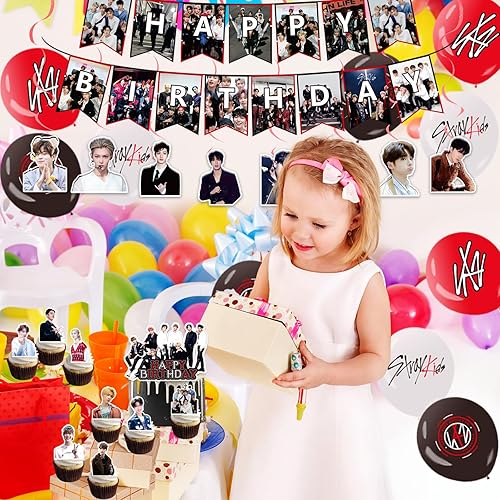 Miniatura 4 de 110 piezas de suministros para fiesta de cumpleaños de Stray-Kids, incluyendo pancarta, decoración de pastel, decoración de cupcakes, remolinos