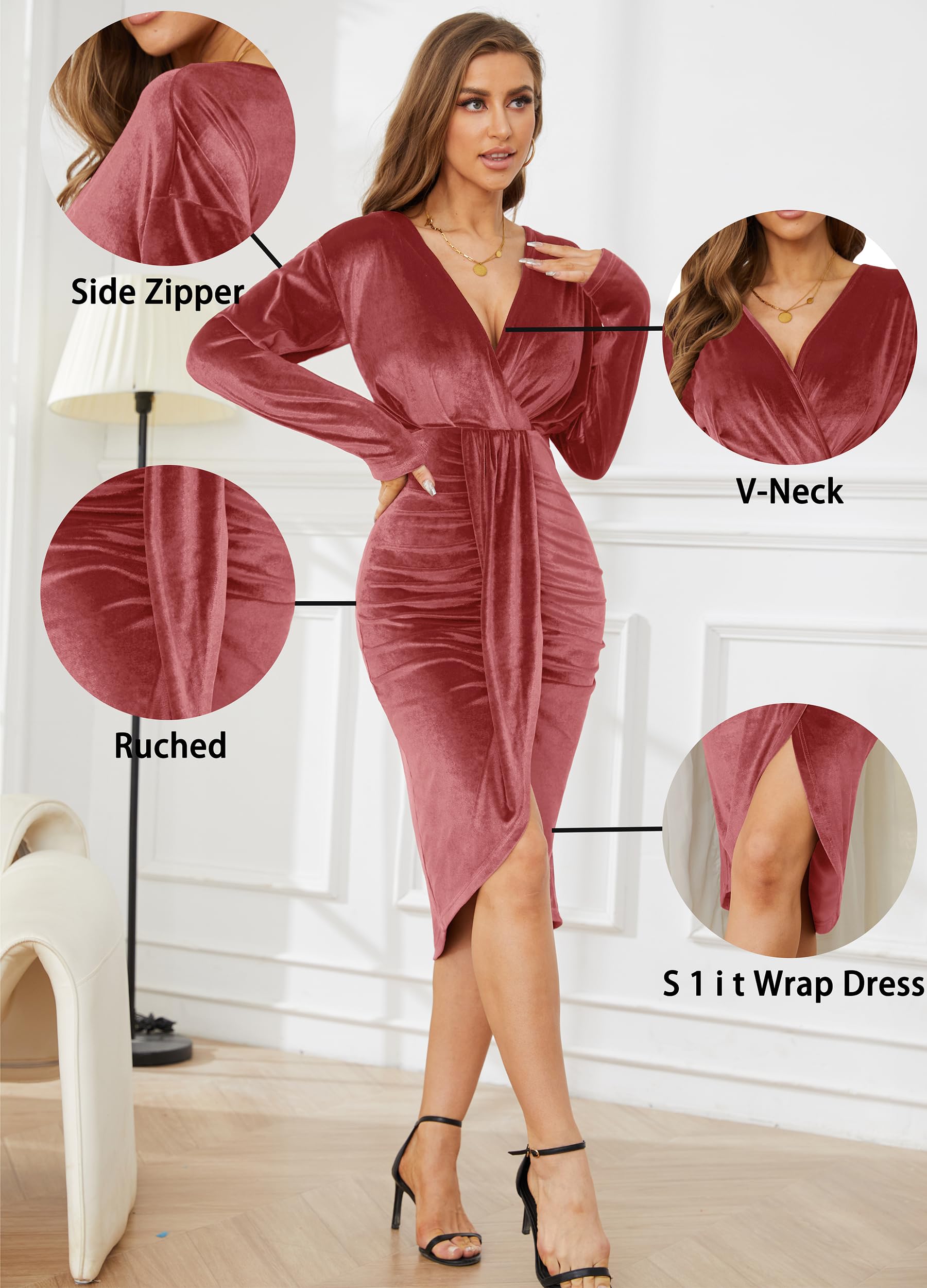 Vestido de manga larga con cuello en V para mujer, sexy, de terciopelo, para cóctel, fiesta, noche, club, vestido midi