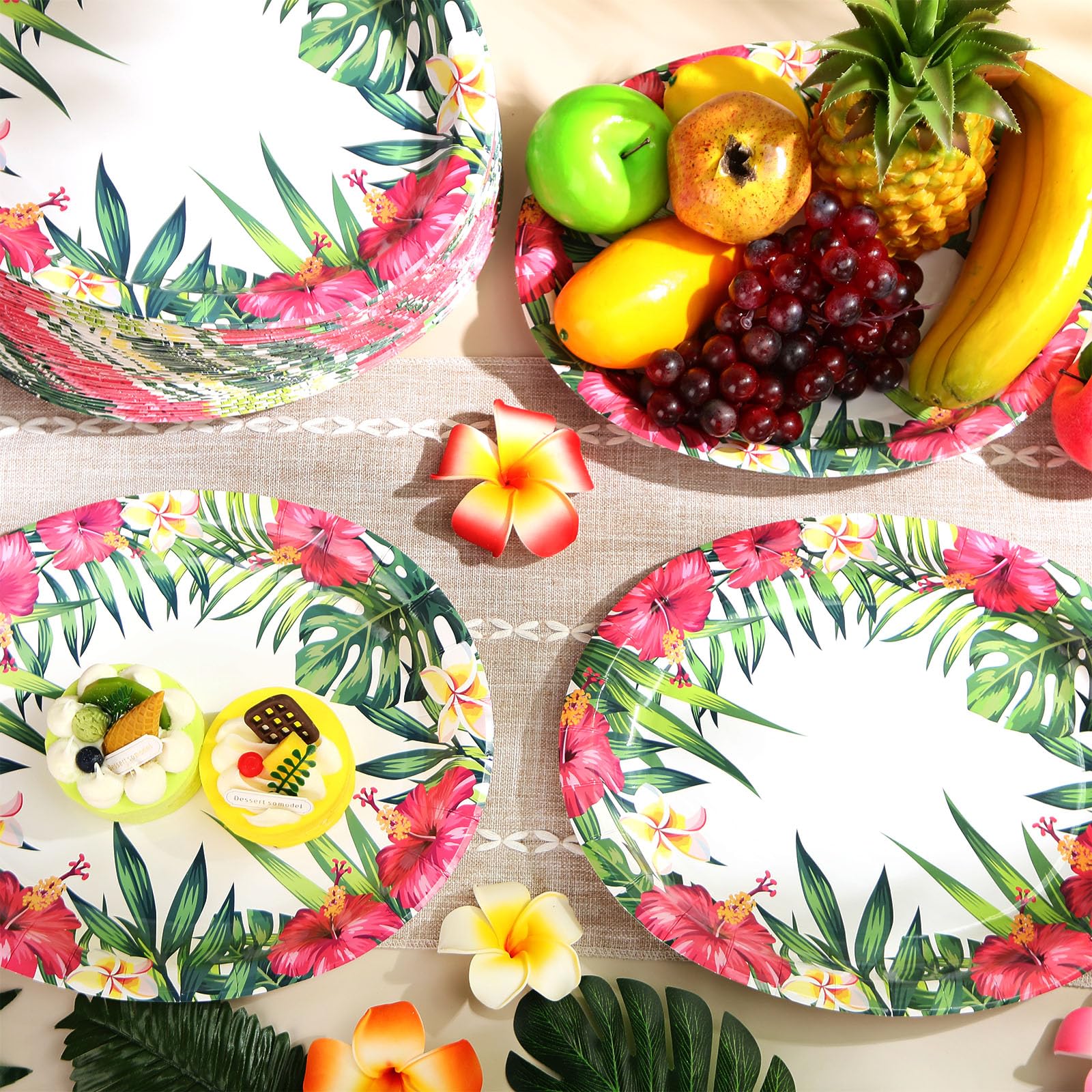 Hawaiianische Luau-Partyzubehör, ovale Pappteller, tropische Luau-Pappteller, 30,5 x 25,4 cm, hawaiianische Blumen, Serviertablett für Sommer, Strand, Geburtstag, Party, Dekorationen, 100