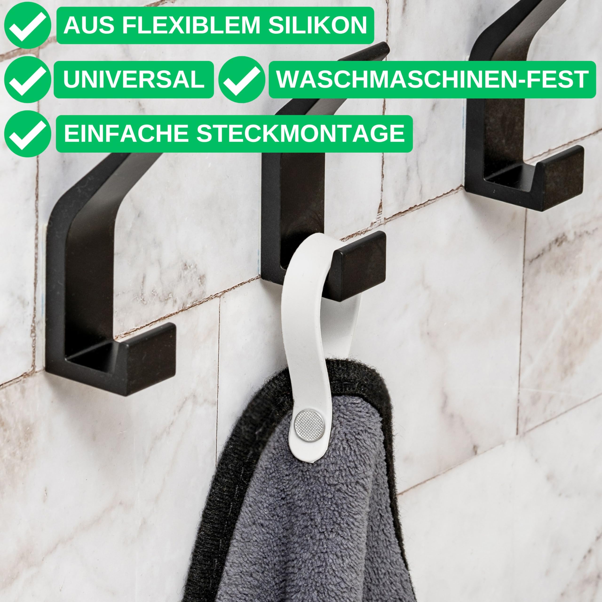 No-sew hangers for textiles 6 pack, 150 x 12 mm loops, in white, made of silicone, with pin and button fastening - Image 2