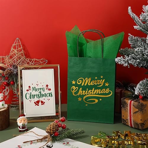 Miniatura 6 de Whaline 24 bolsas de papel kraft de Navidad con 30 hojas de papel de seda rojo y verde, bolsas de regalo de fiesta de Navidad doradas con asas,