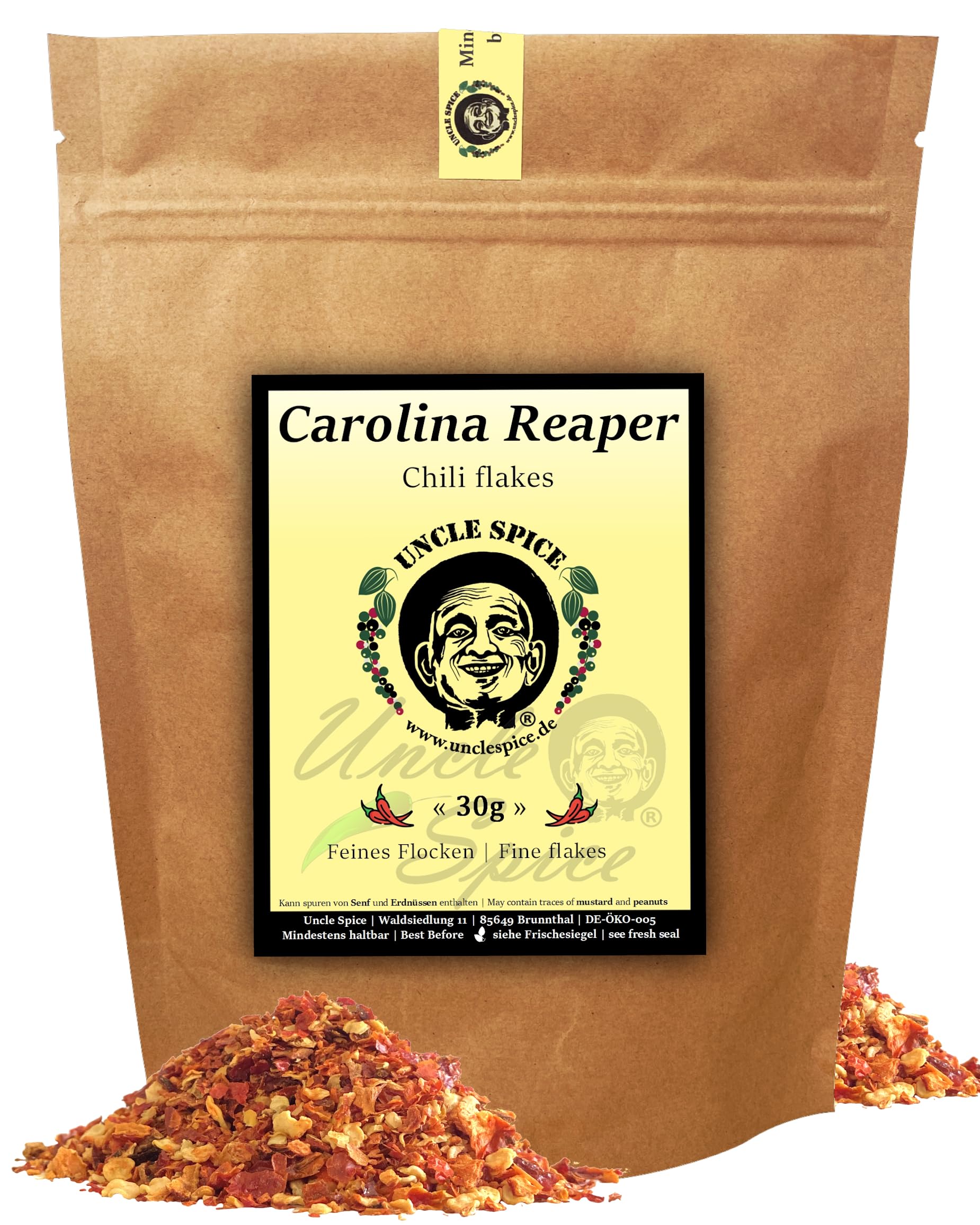 UNCLE SPICE® Carolina Reaper Flocken- 30g schärfste Chili der Welt - feine Chiliflocken in Premiumqualität - GRINGO KILLER - Chilischoten in Flocken - 1.5 Mio Scoville - Achtung EXTREM SCHARF